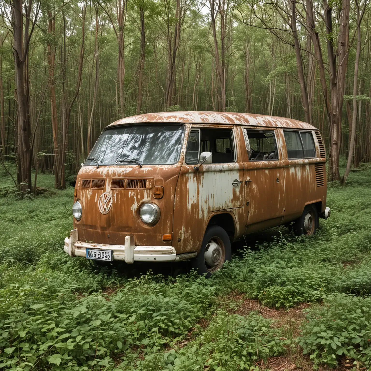 Amidst an overgrown landscape, a 1966 Volkswagen Transporter sits abandoned, its once bright paint now faded and peeling. Rust slowly consumes its metal body.