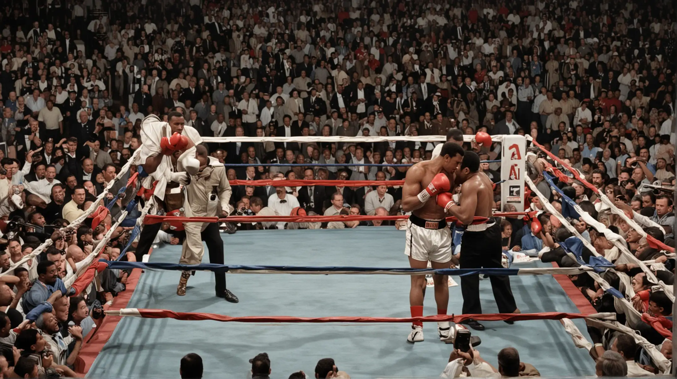 Visualization Prompt: Create an image of Muhammad Ali during the "Thrilla in Manila" fight against Joe Frazier.
Image Description: Muhammad Ali and Joe Frazier are locked in a fierce exchange of punches during the "Thrilla in Manila." Both fighters are visibly exhausted but determined. The crowd is on its feet, witnessing one of the greatest boxing matches of all time.