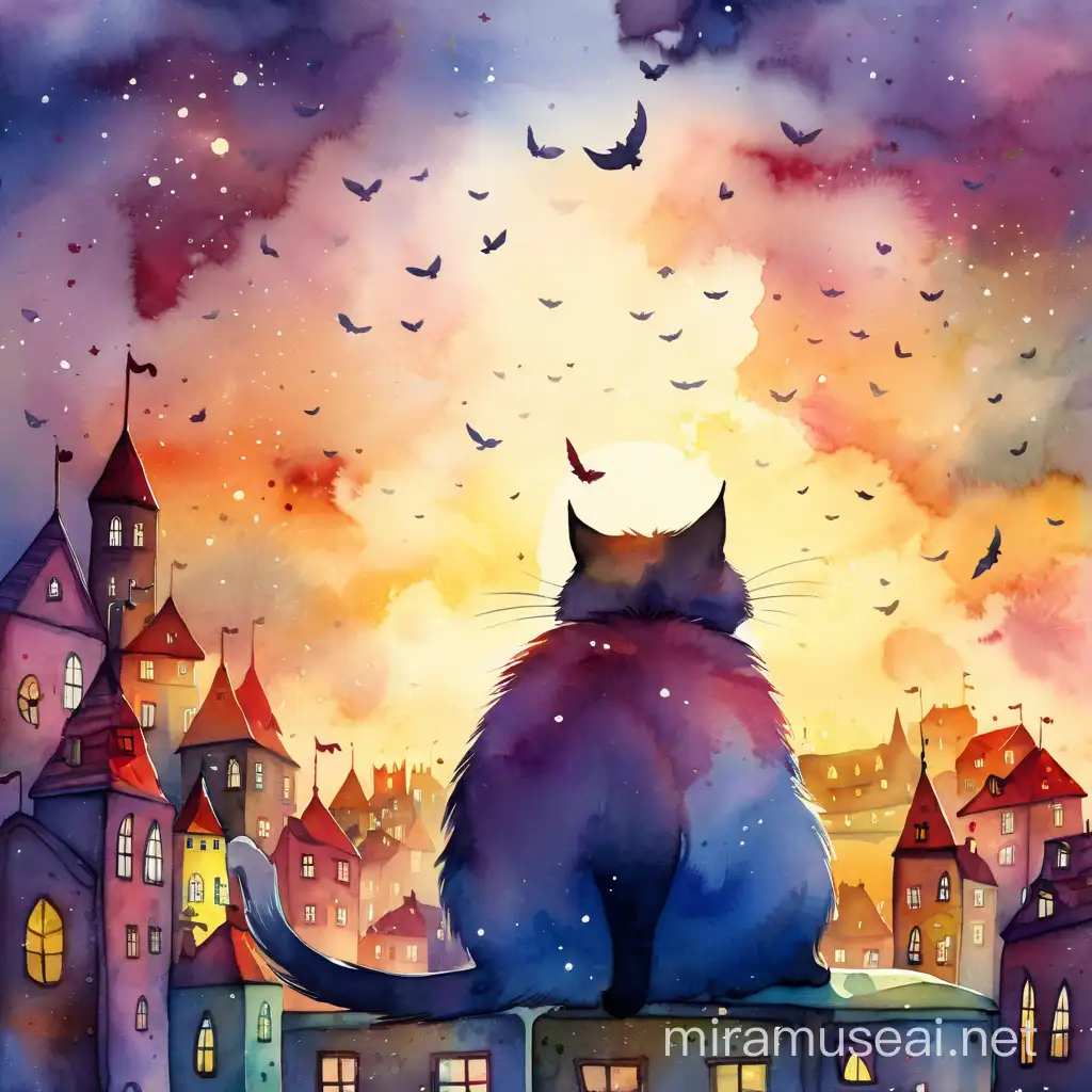 Whimsical Watercolor Skydiving Cat in Urban Landscape