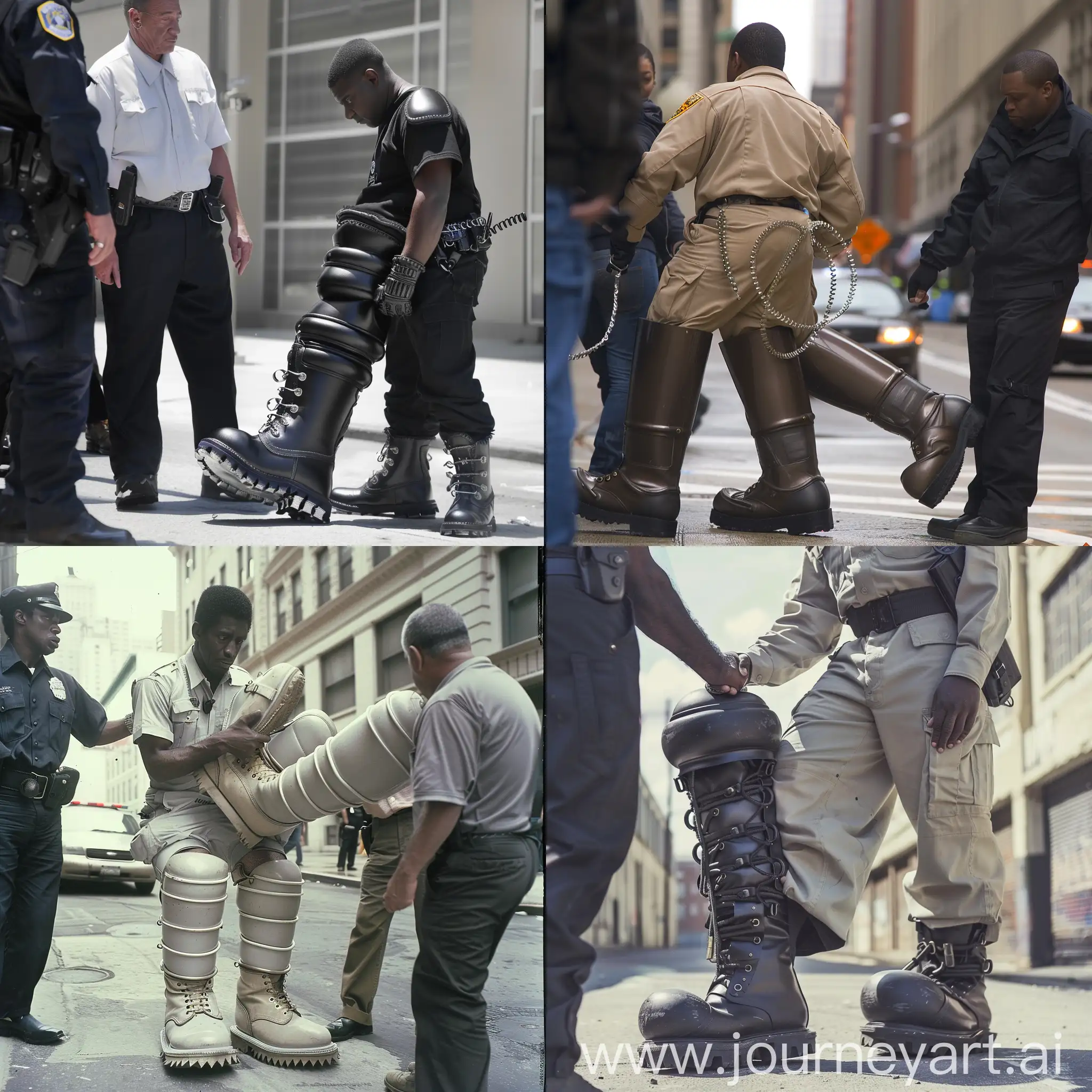 a black guy wearing comically big boots getting arrested
