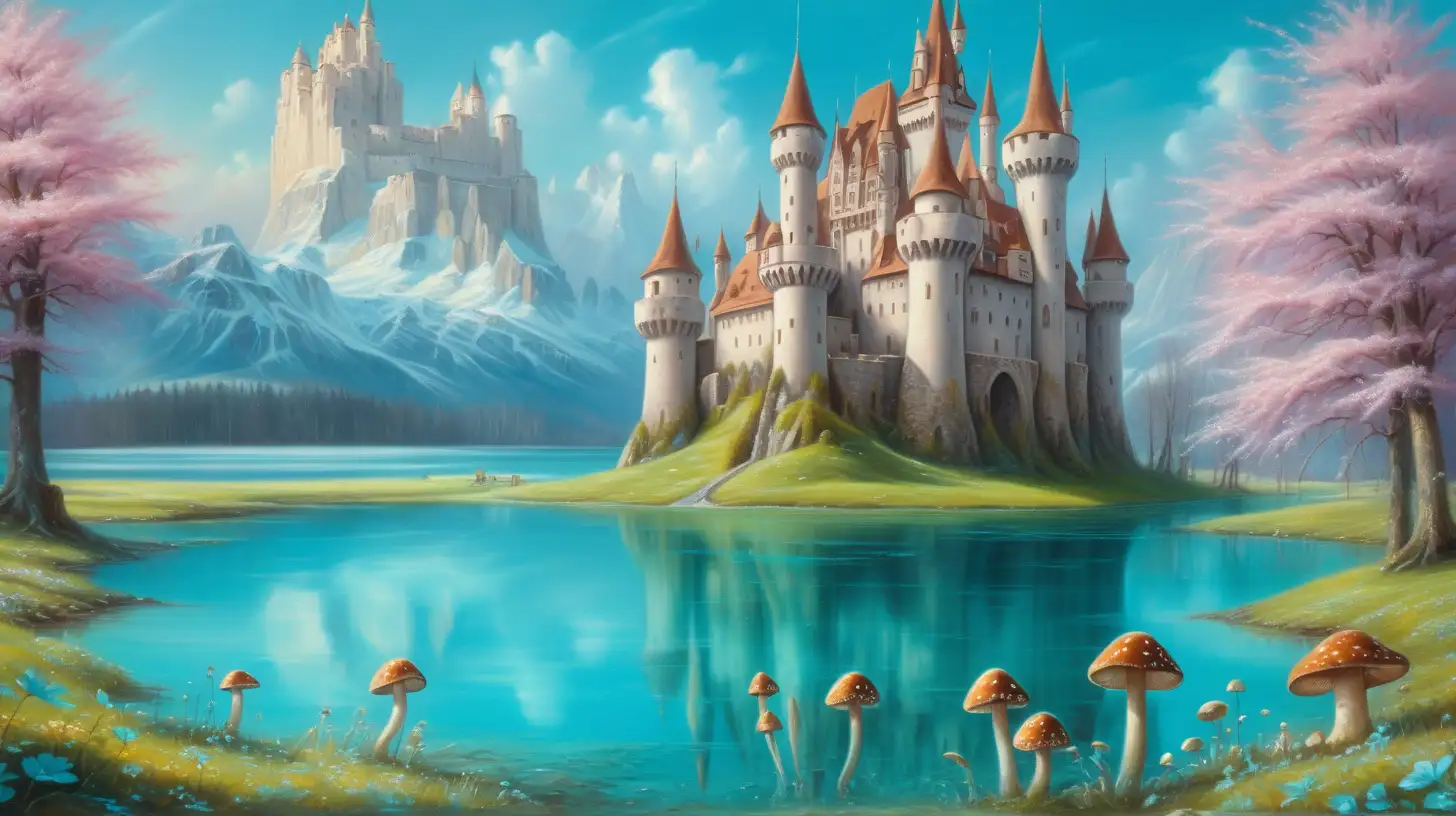 oil painting of castle in the daytime spring and magical mushrooms with a magical turquoise glowing lake