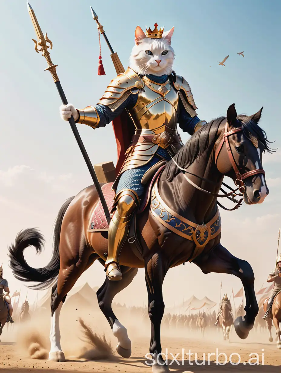 Cat King, ancient times, full-body frontal photo, holding a weapon, riding a war horse