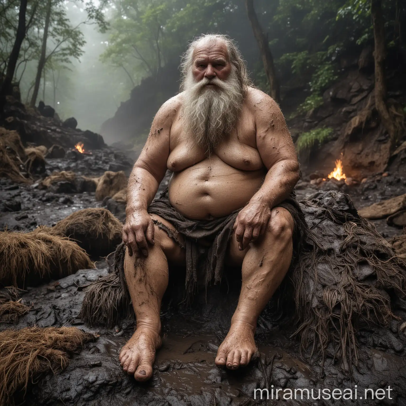 hill giant,forest cave,bonfire,large feet,large hand,fur loincloth,dumpy,chubby,primitive,hairy,long beard,old age,sitting on rock,rainy,wet dirty black mud cover hand and feet