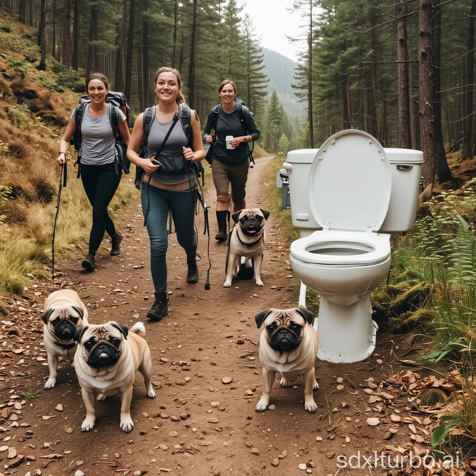 A group of people go hiking with a pug and a toilet