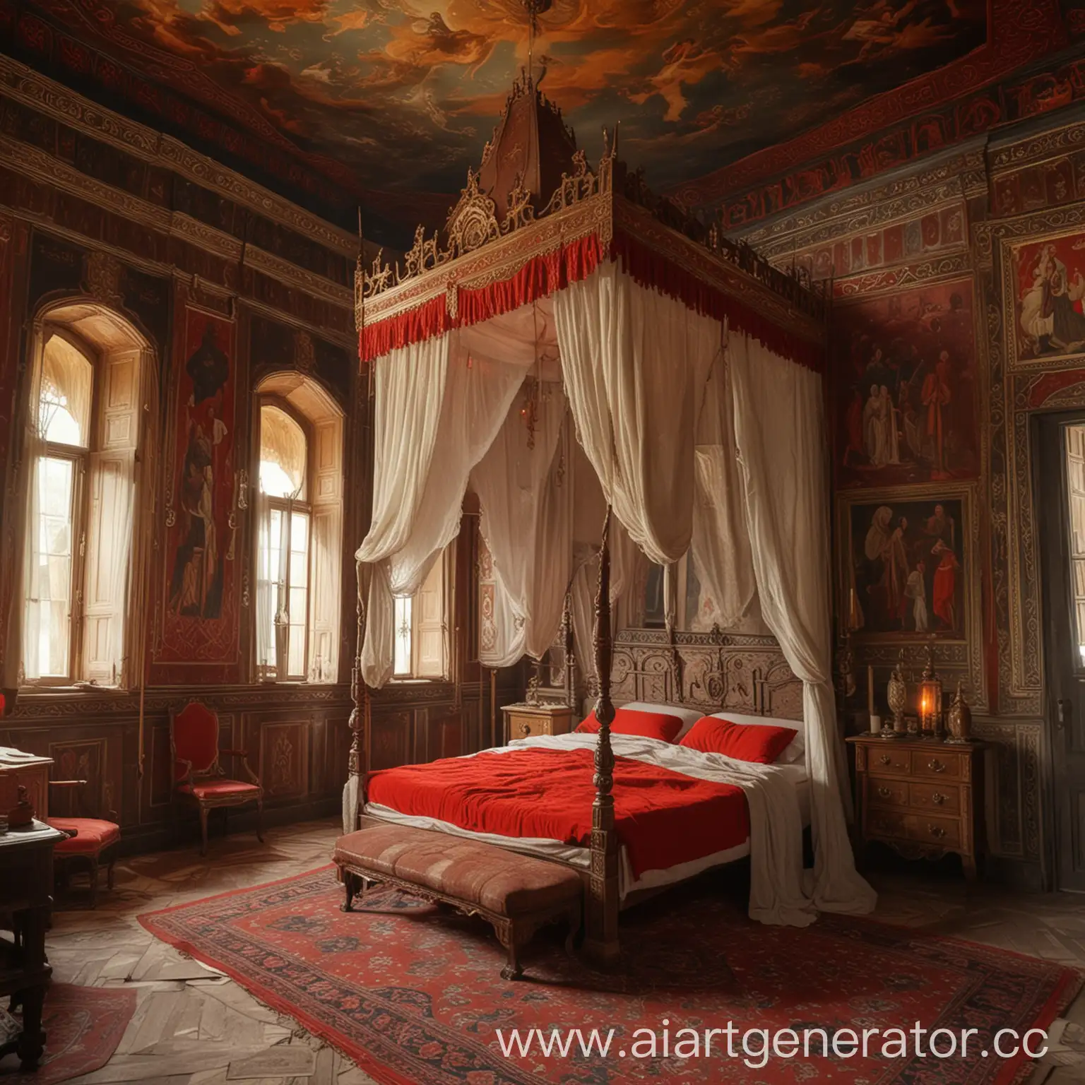 ancient Rus', mansion, princes' chambers, old Russian prince, bedroom, painting on the walls, red chambers, painting, hokhlopa on the walls, ligature on the walls, torches, candlesticks, bed, canopy, room, fairytale palace, ancient Russian fairy tales, folklore, HD, 4k, scattering of rays, candles, tower palace of the 9th century BC, old palace, hut, low ceilings, antiques, times of Vladimir the Red Sun, 9th century, century of the baptism of Rus', boyar chambers,