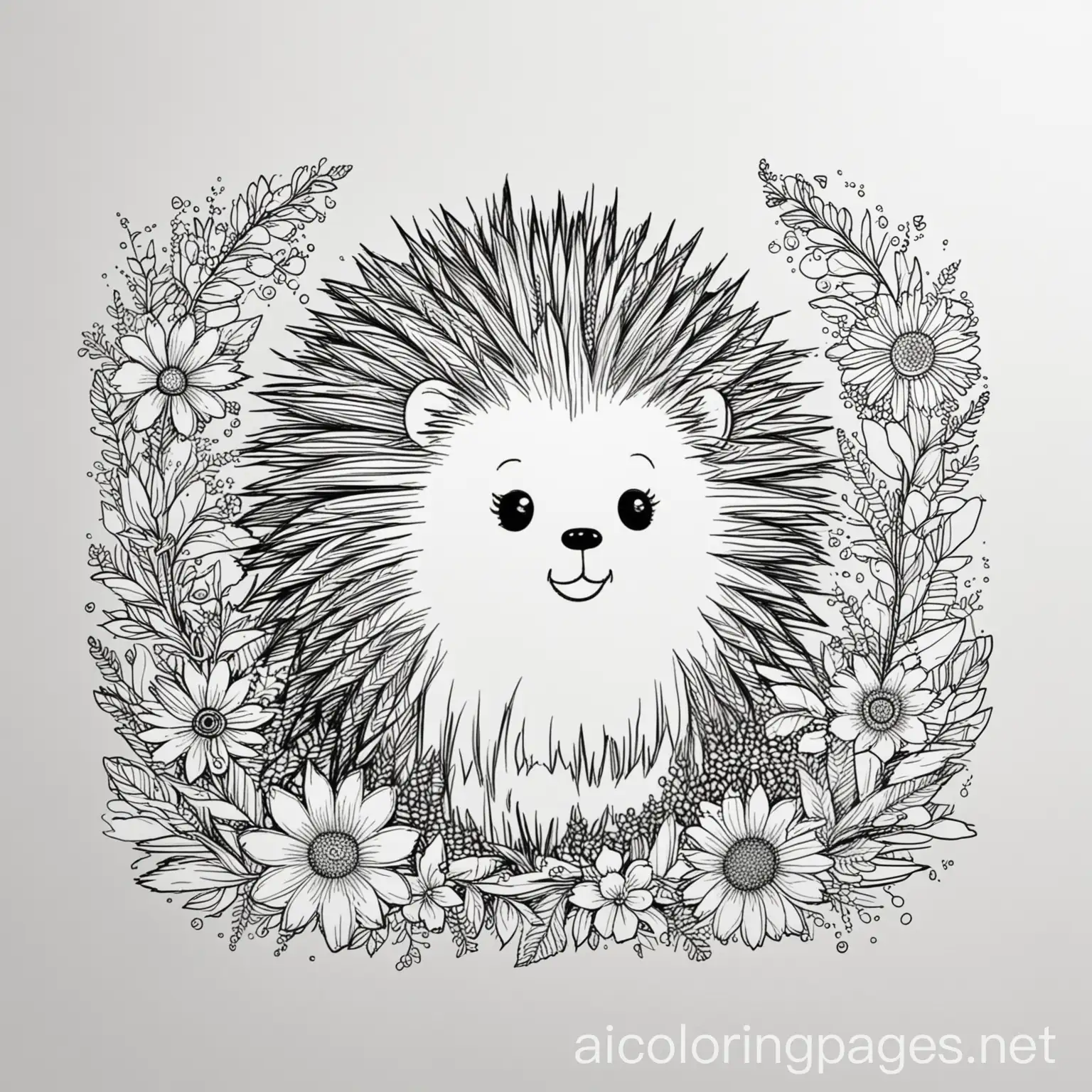 Porcupine-with-Flowers-Coloring-Page-Black-and-White-Line-Art-for-Kids