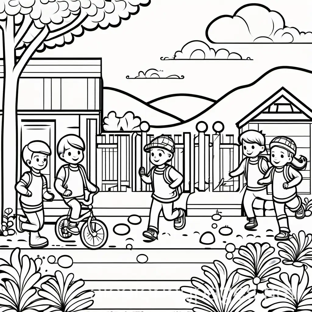 kids playing outside, Coloring Page, black and white, line art, white background, Simplicity, Ample White Space. The background of the coloring page is plain white to make it easy for young children to color within the lines. The outlines of all the subjects are easy to distinguish, making it simple for kids to color without too much difficulty