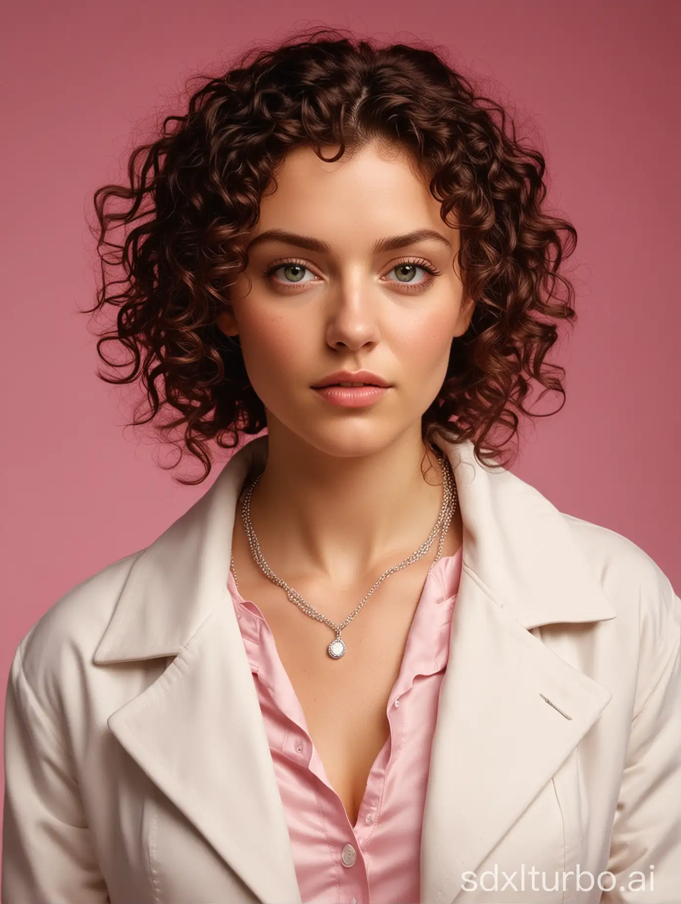 A gorgeous woman with curly hair and green eyes is posing in front of a pink background. She is wearing a white jacket and has a silver necklace on. She is looking at the camera with a serious expression., in the style of Annie Leibovitz