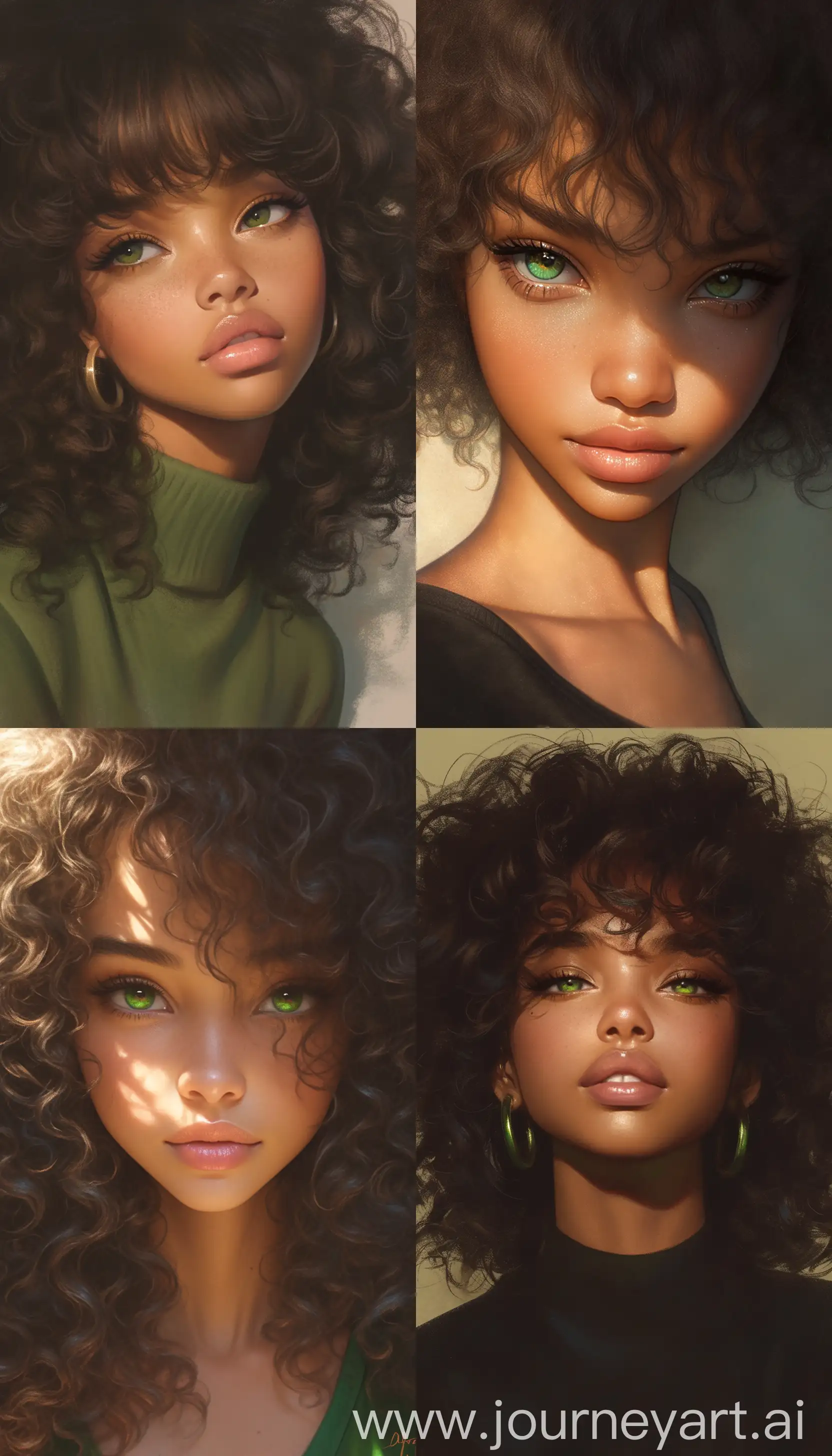Hyper-realistic portrait of a beautiful afro-asian woman, capturing the essence with green eyes, lit by Fill Light, framed in a Medium Shot manner --ar 4:7 --niji 6 --s 1000