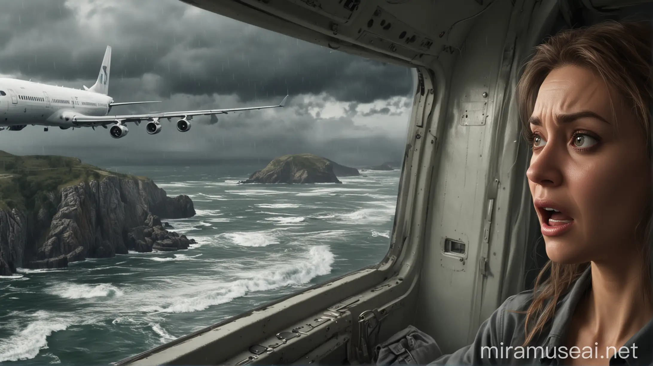 In the foreground, a woman looks out of the airplane window with a terrified expression. In the background, an airplane is approaching a runway situated on a cliff, with a stormy sea below.Realistic