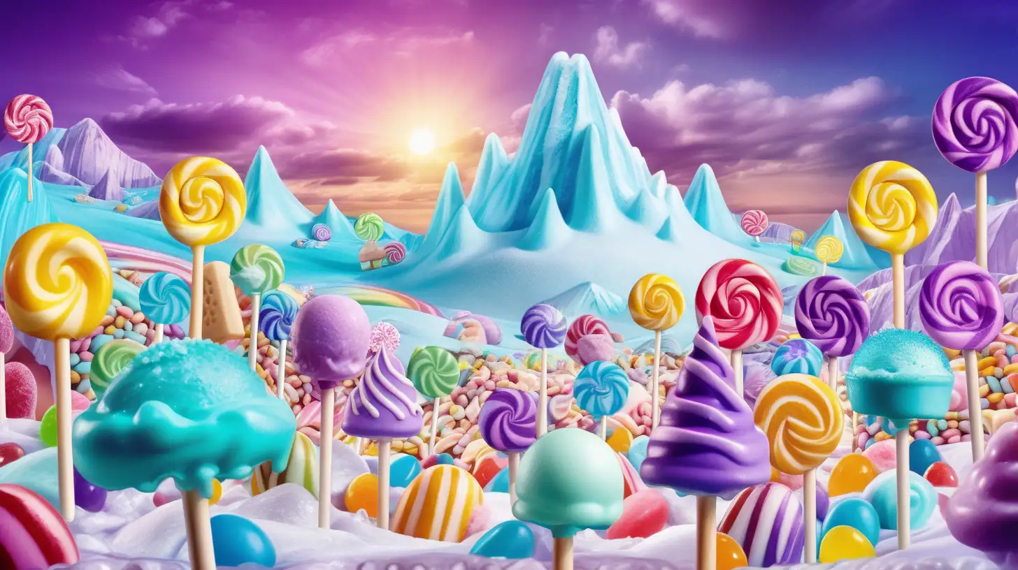 Whimsical candy wonderland. Lollipops by a magical bright-turquoise-sugar river surrounded by candy and gummies and ice cream. Jelly beans, gum drops, skittles and candy in the middle of ice cream-frosting mountains. Purple. Blue. 8K. bright-yellow, and purple sky with cotton-candy clouds and sugar rainbows.