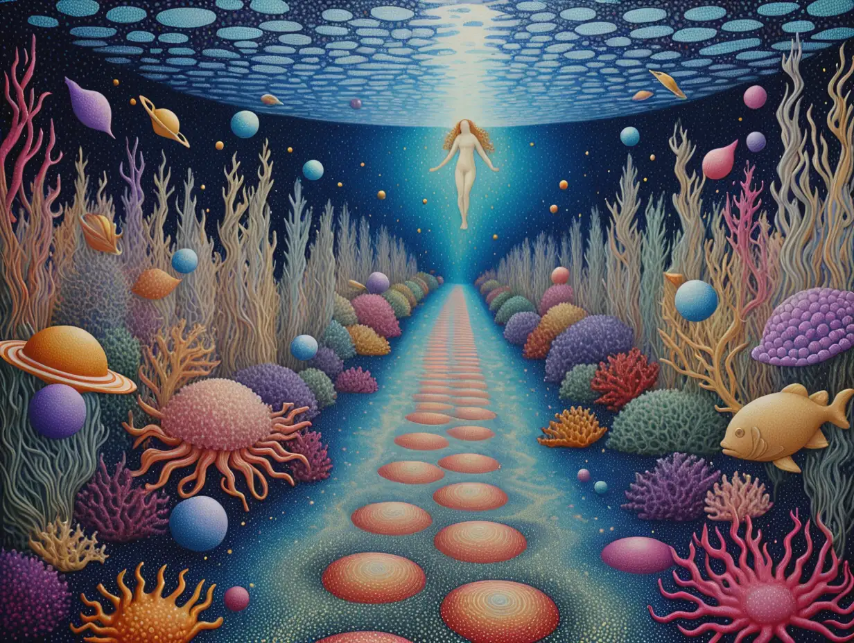 Out of the beginning cosmic void, pointillism underwater path, botticelli style