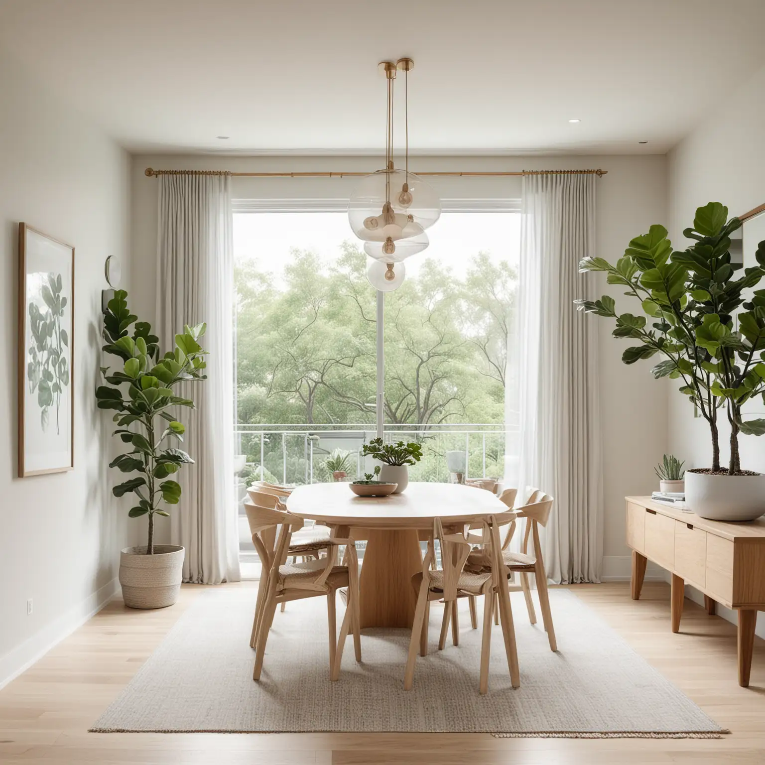 design  a very wide distant shot of Minimalist Dining Room:  Soft neutral palette with light gray walls. Scandinavian-style light wood dining table and four slim chairs. Large floor-to-ceiling windows with sheer white curtains. Contemporary pendant light fixture above the table. Potted plants (fiddle leaf fig and succulents) in white ceramic pots. Light oak flooring with a soft gray area rug.