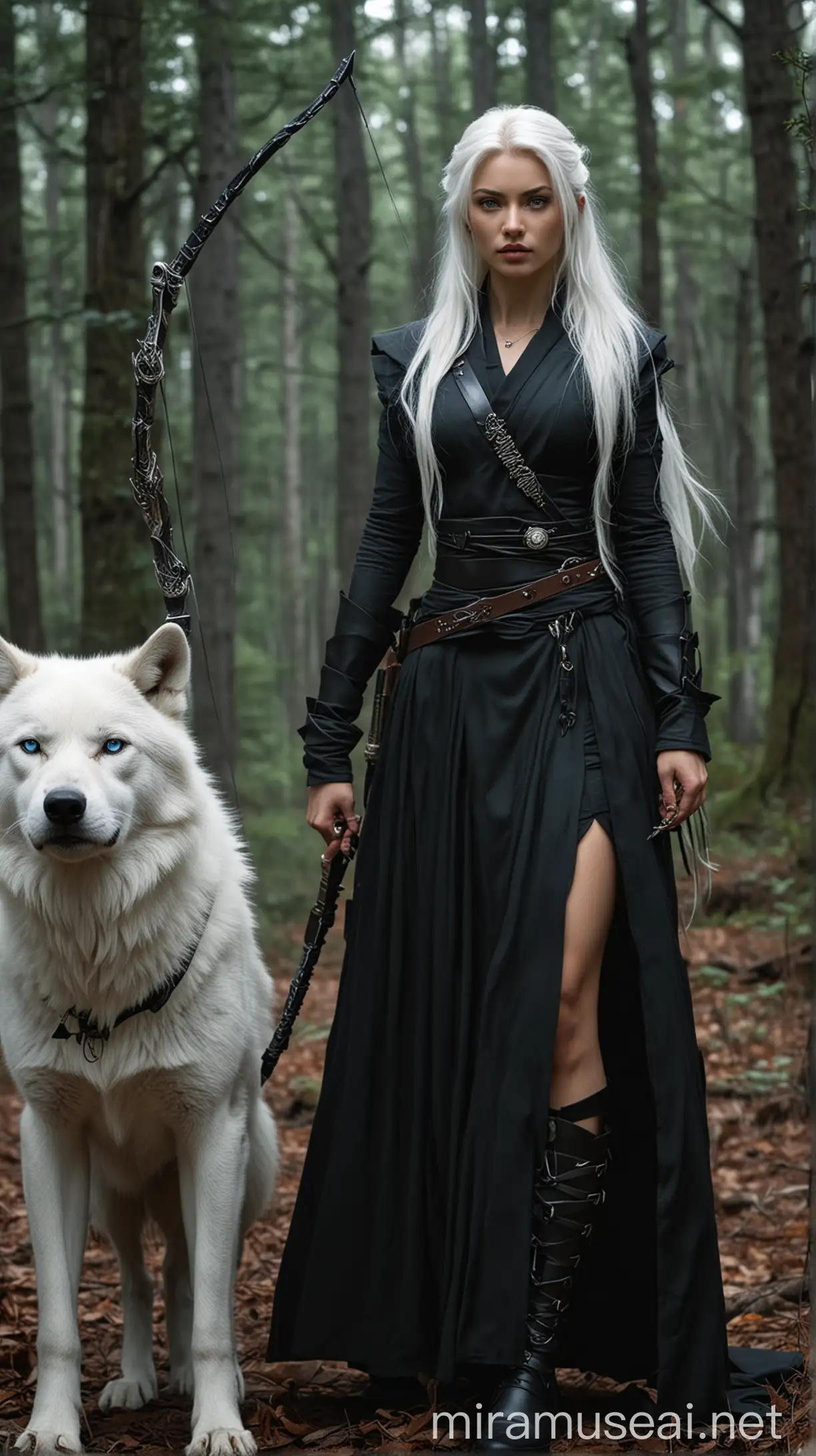 A regal and beautiful woman with tan skin, who has non pointy ears, blue eyes and long white hair who wears a sleek black clothes that allow for maximum mobility. Have her traveling in the forest with her large white pet wolf.  She’s extremely badass. She wears moon shaped jewelry for her heritage, and her weapons are a long bow and arrow, as well as a katana. She is a very famous and feared assassin. 