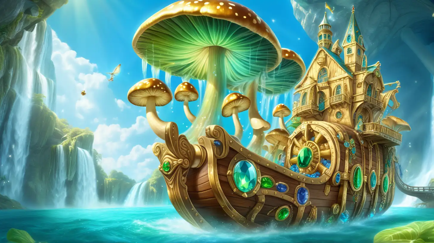 Magical Fairytale bright blue and green waterfall and gold and gemstones and treasure chests  on a old-giant flying-ship with bright sunny sky. Golden mushrooms.