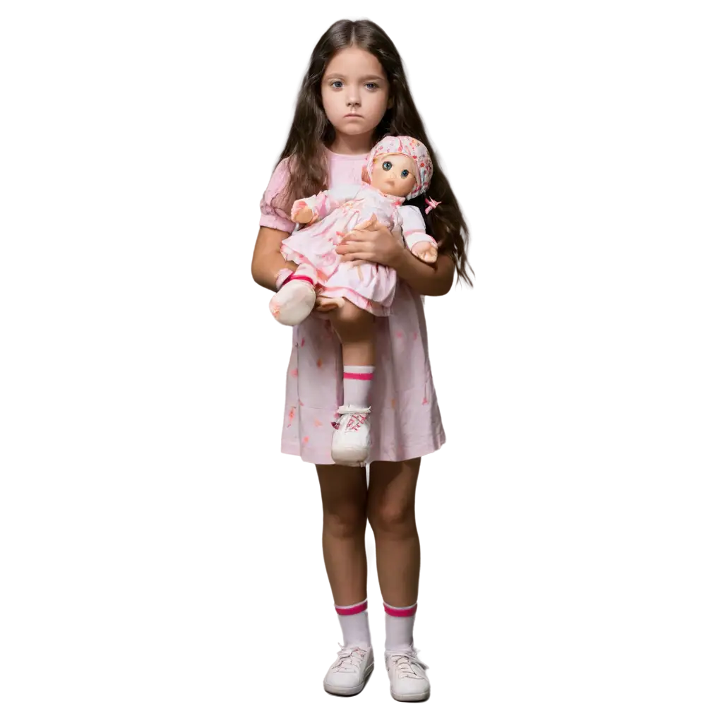 gadis kecil yang terluka parah karena ledakan perang dunia sedang berdiri dan memegang boneka dengan wajah sedih dan kepala tertunduk disituasi gelap