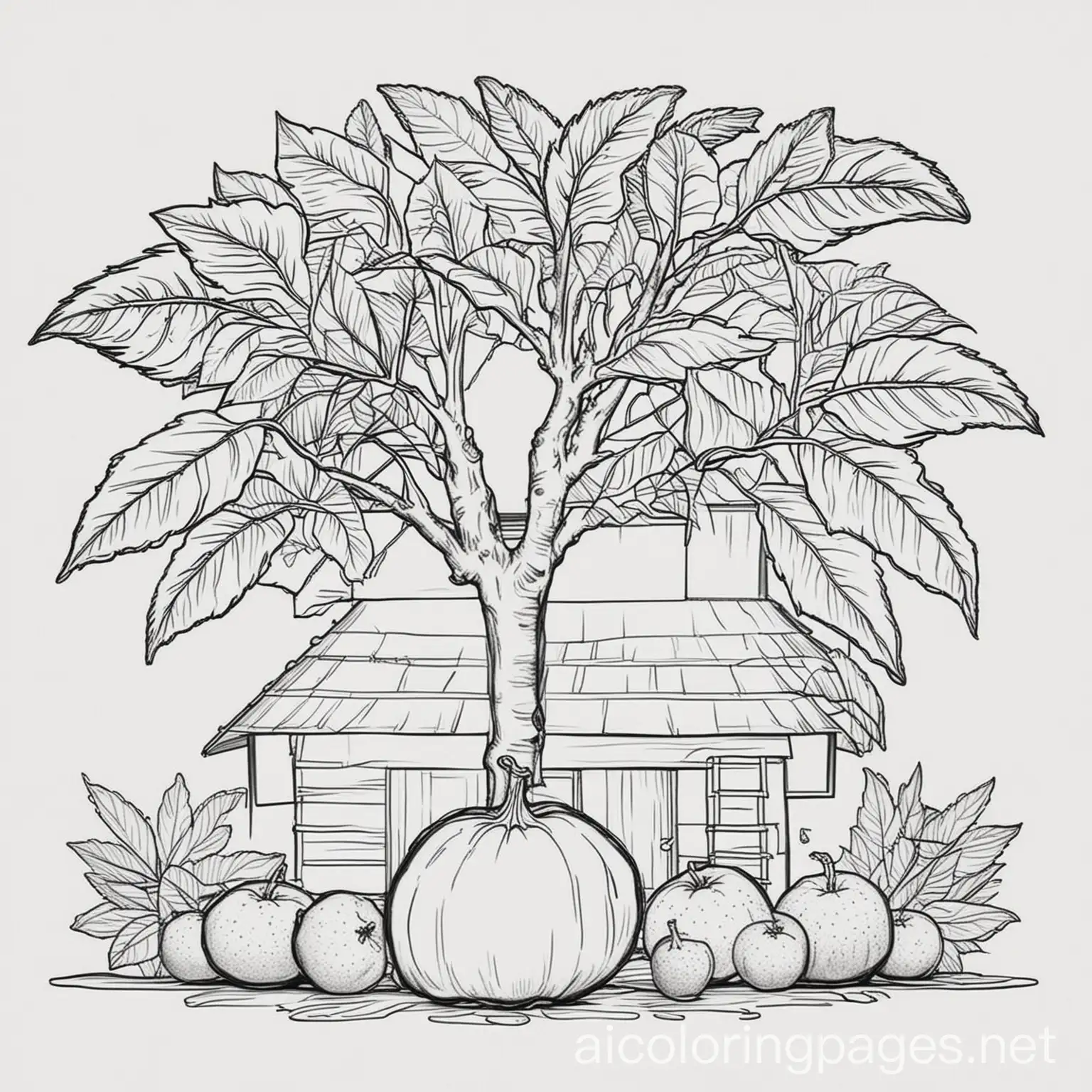 Pomelo with tress in farm house, Colouring Page, black and white, line art, white background, Simplicity, Ample White Space. The background of the colouring page is plain white to make it easy for young children to colour within the lines. The outlines of all the subjects are easy to distinguish, making it simple for kids to colour without too much difficulty ,, Coloring Page, black and white, line art, white background, Simplicity, Ample White Space. The background of the coloring page is plain white to make it easy for young children to color within the lines. The outlines of all the subjects are easy to distinguish, making it simple for kids to color without too much difficulty