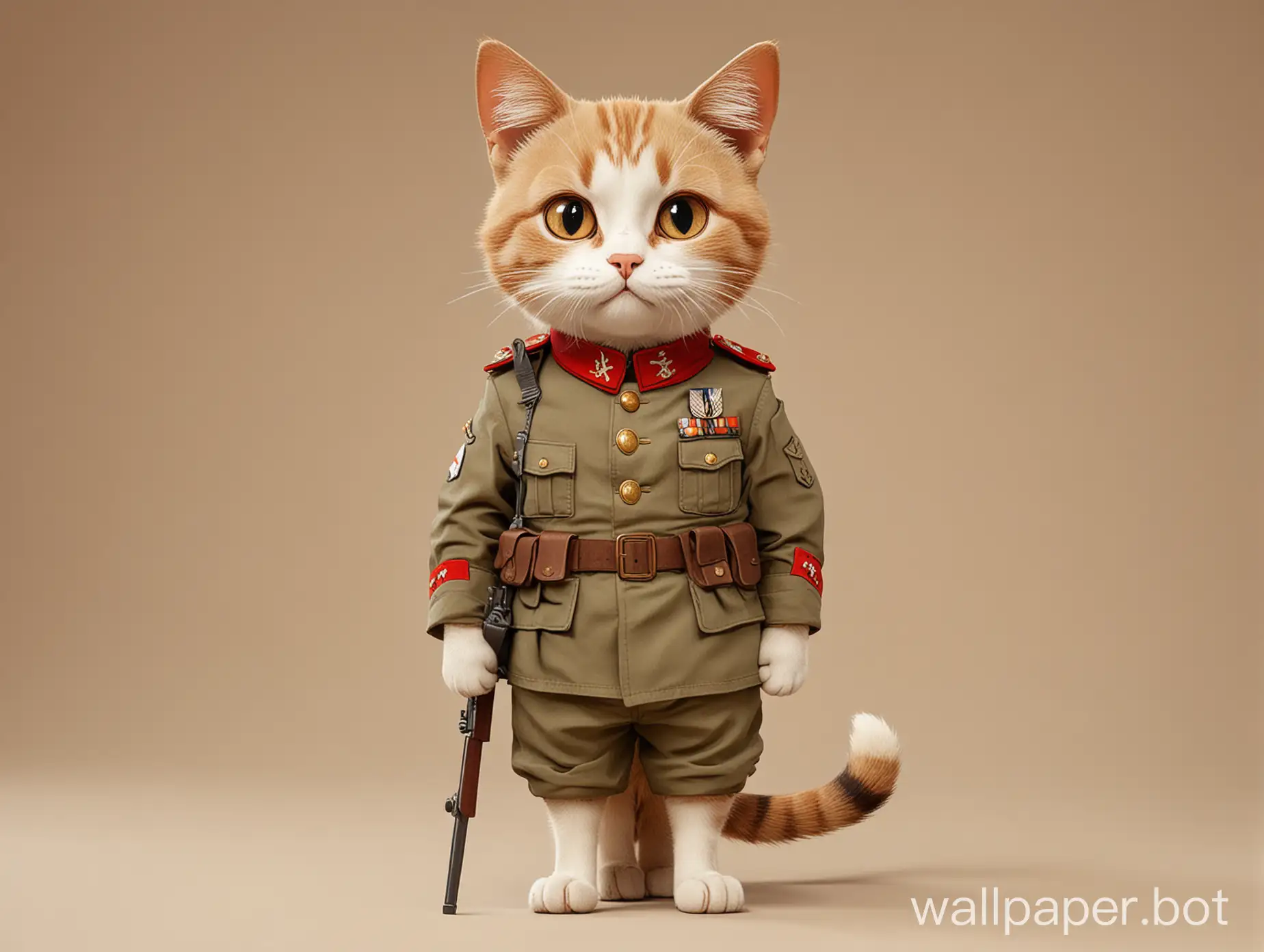 A street cat in cartoon style, wearing soldiers dress, full body with the plain beige color background