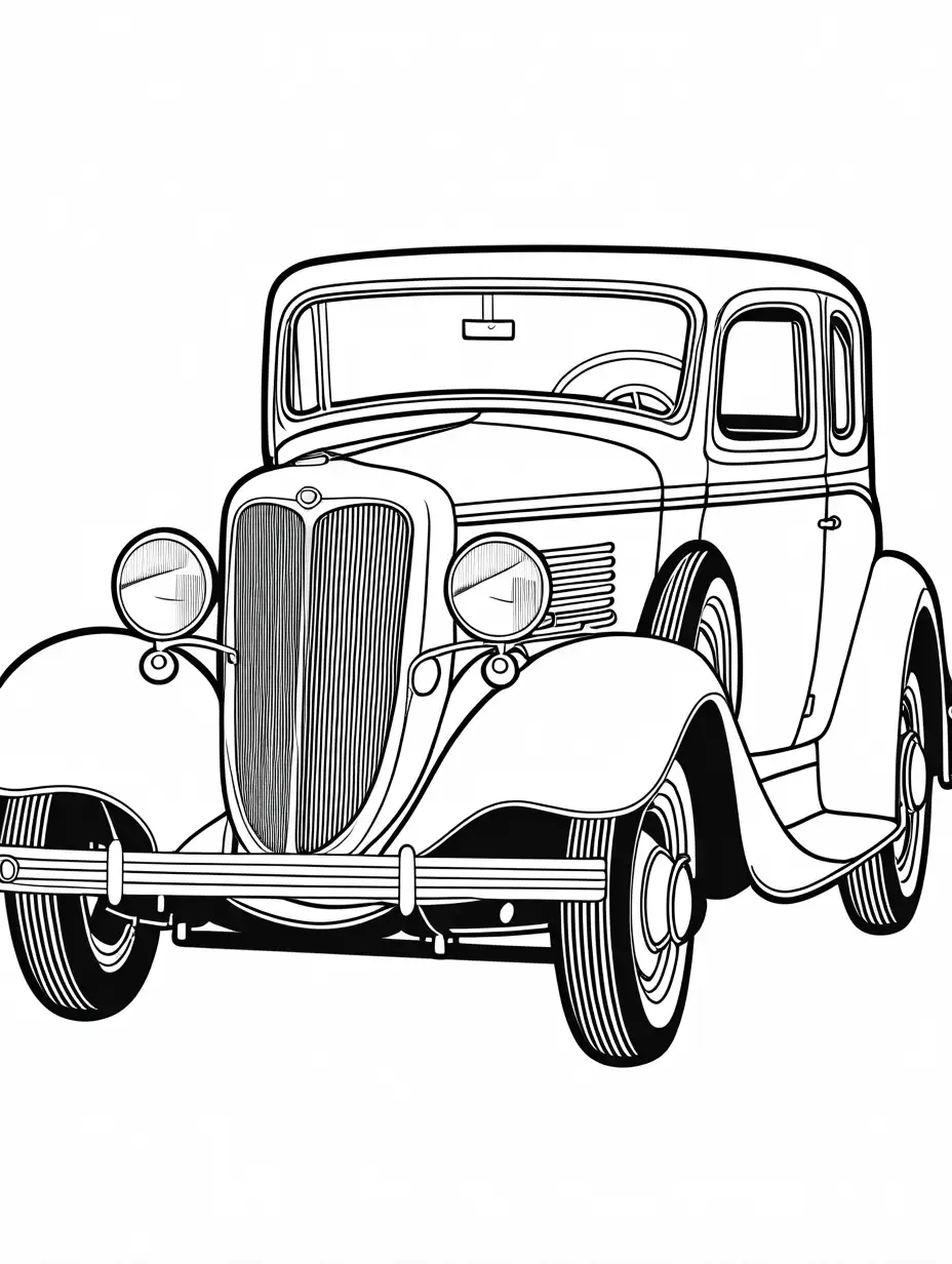 Old car, Coloring Page, black and white, line art, white background, Simplicity, Ample White Space. The background of the coloring page is plain white to make it easy for young children to color within the lines. The outlines of all the subjects are easy to distinguish, making it simple for kids to color without too much difficulty