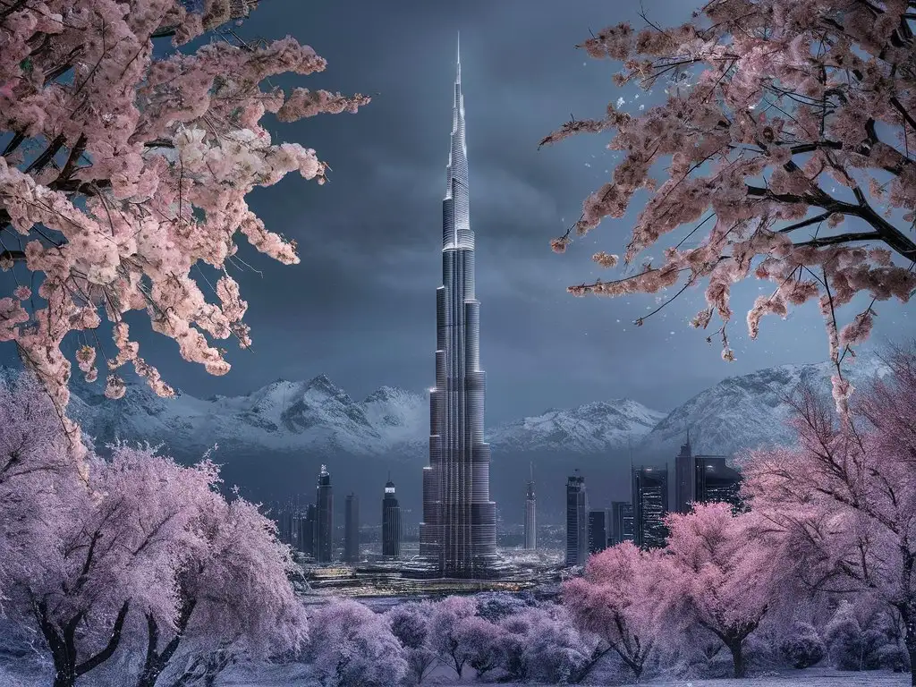 Burj Khalifa, Dubai, snow mountains, cherry blossom, dark colours, 4k