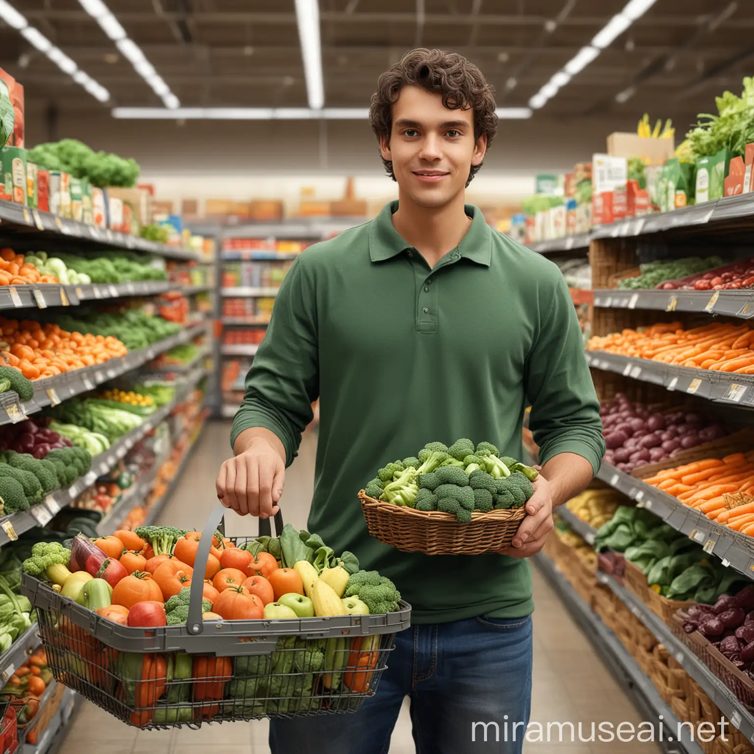 The image shows a grocery store setting. A young man, who appears to be the manager, is holding a basket filled with fresh produce including broccoli, carrots, and apples. The grocery store shelves are stocked with various products including multiple bottles and boxes of food. The background is blurred out to emphasize the man and basket of produce, hyper realistic 3D