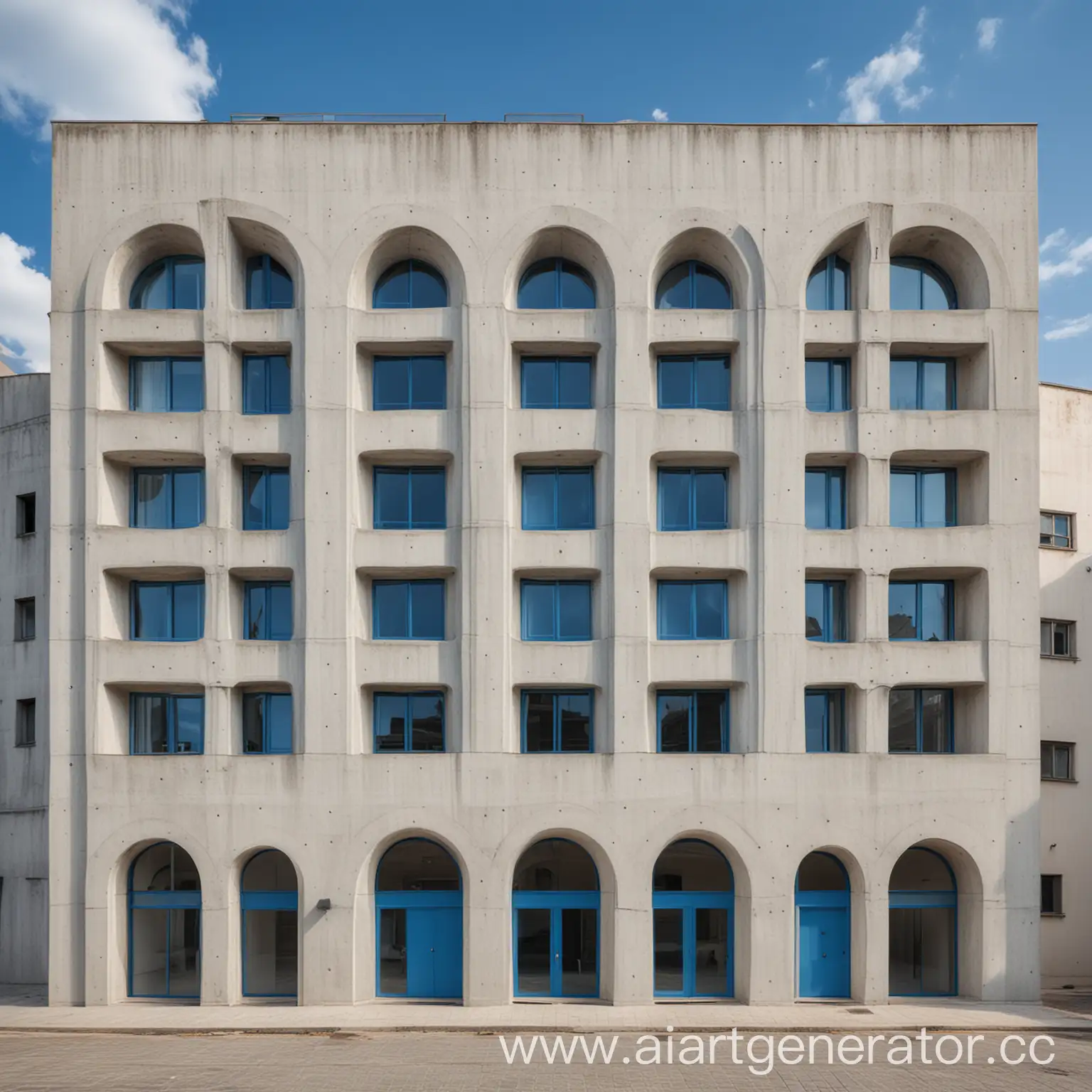 Minimalist-Contemporary-SevenStory-Concrete-Building-with-Blue-Windows