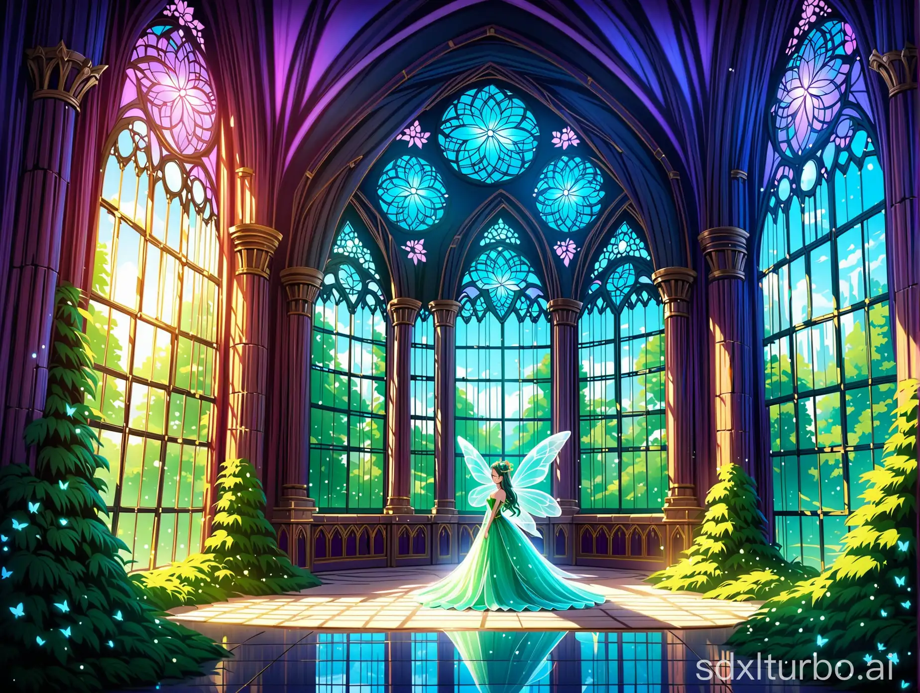 a so beautiful Fairy in Palace and fairy behind big window and window out side enchanted forest  and fairy on so beautiful big throne.