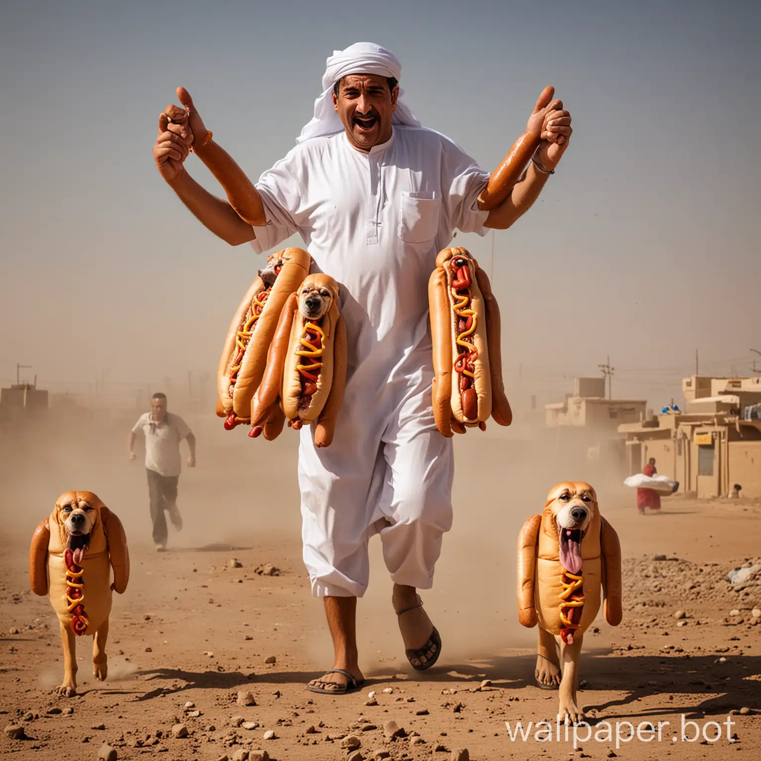 family of hotdogs with arms and legs who is scared in erbil iraq running from a giant arab man that is trying to eat him