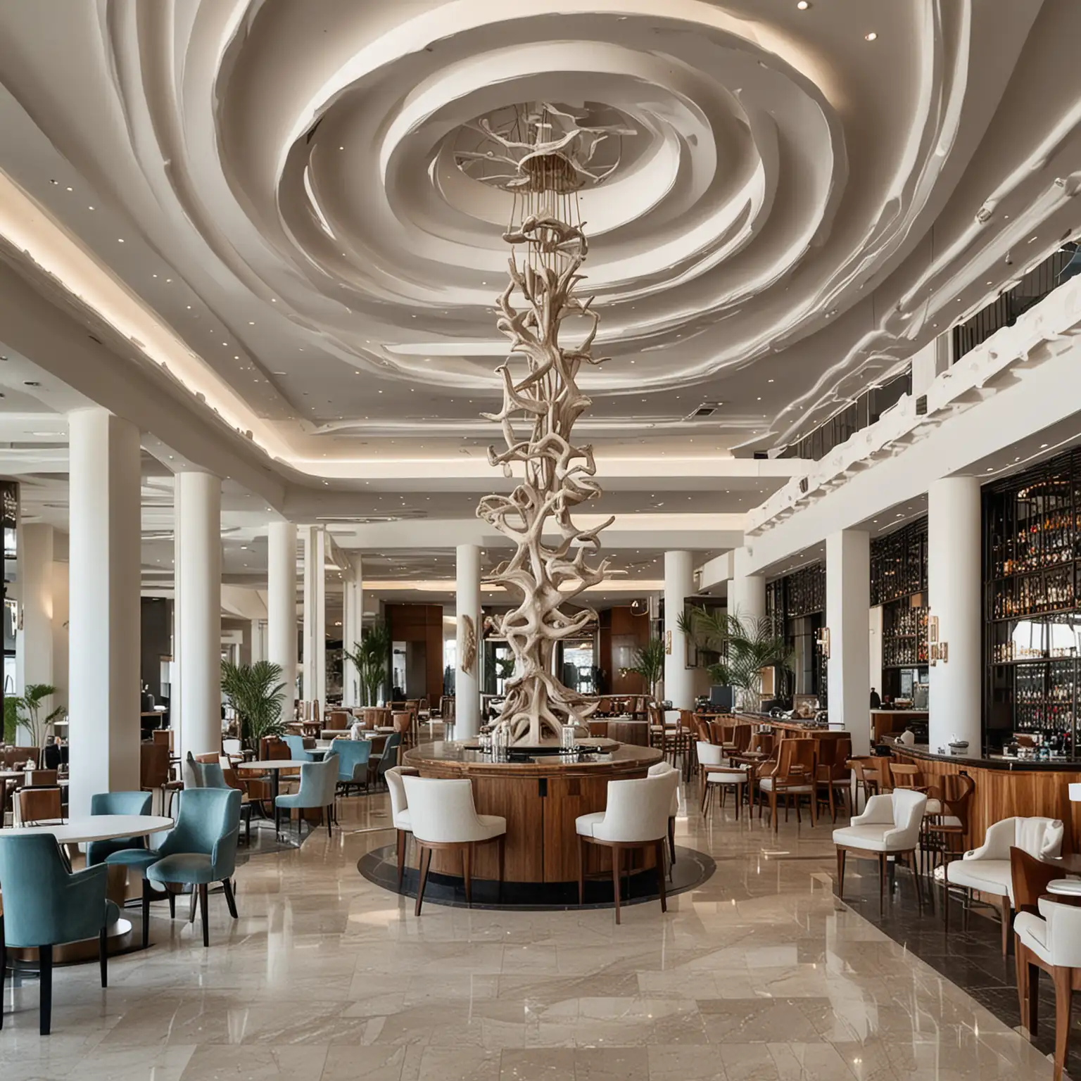 modern coastal grand hotel lobby with ceiling hung sculpture above round restaurant bar in the middle