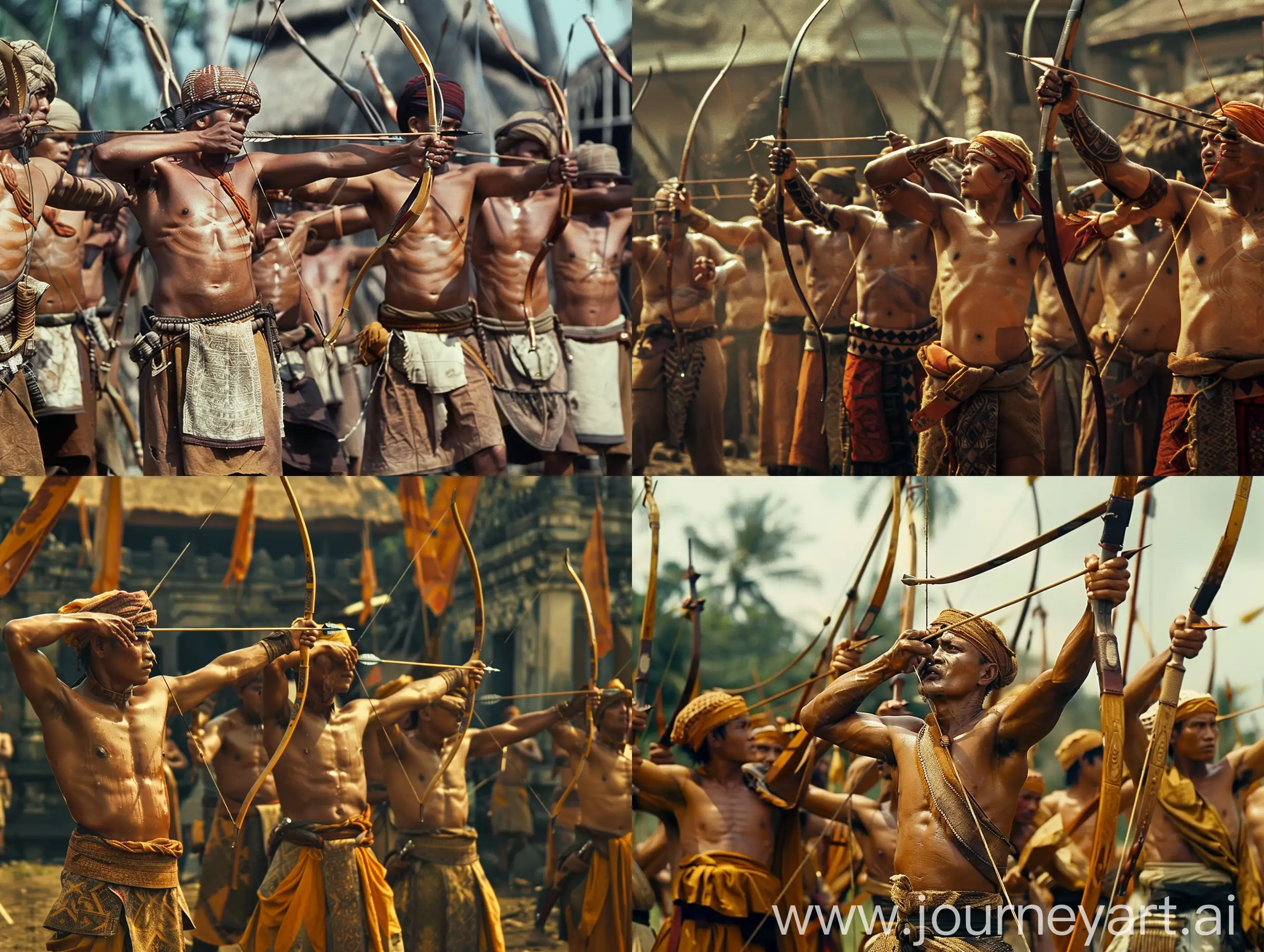 movie scene, Indonesian Majapahit kingdom war, Majapahit soldier archers, dressed in war clothes, without shirts, they aim arrows upwards