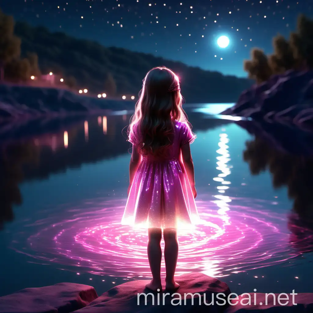 3D 8k minimal realstic illustrator minimal little girl glittering and shinning with her glassy light dress girl with long hair watching pink amazing river at the midnight