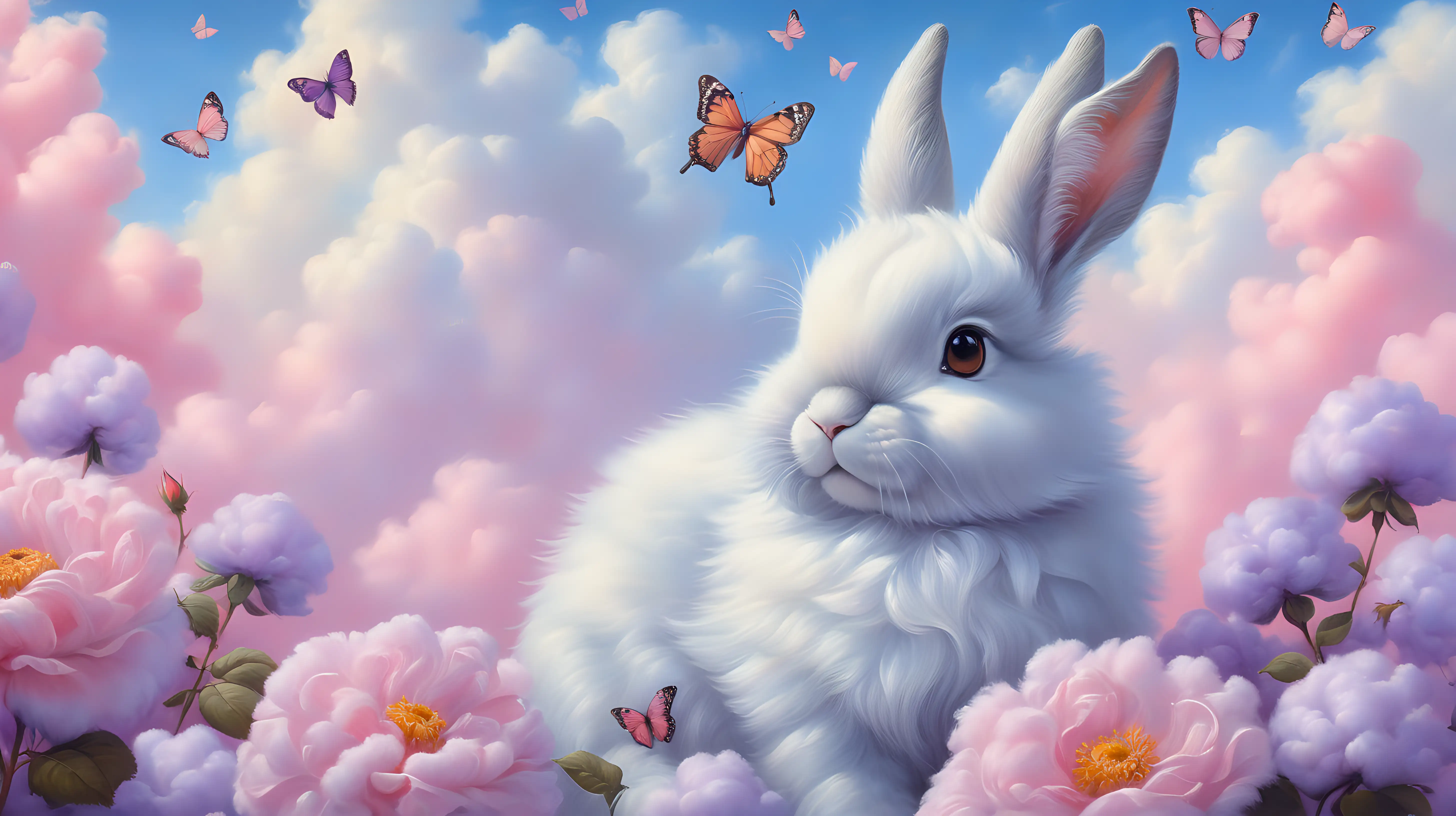 oil painting of a cute fluffy rabbit and butterfly (#3F00FF) and a rose cupcake. Surrounded by pastel pink and purple cotton candy flowers and white cotton candy clouds. #F8C8DC