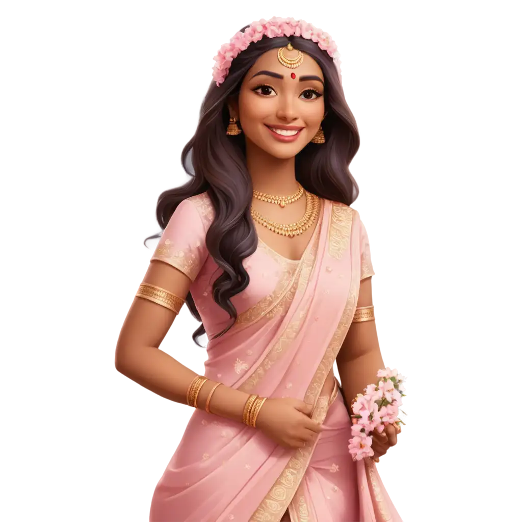 South Indian bride in light skin tone in cartoon avatar standing proudly. She is waring pink saree & holding one baby breath hand bouquet. She is adorned in rose gold jewelleries. She has a long hair with white jasmine flowers. She has a flower garland around her neck.
