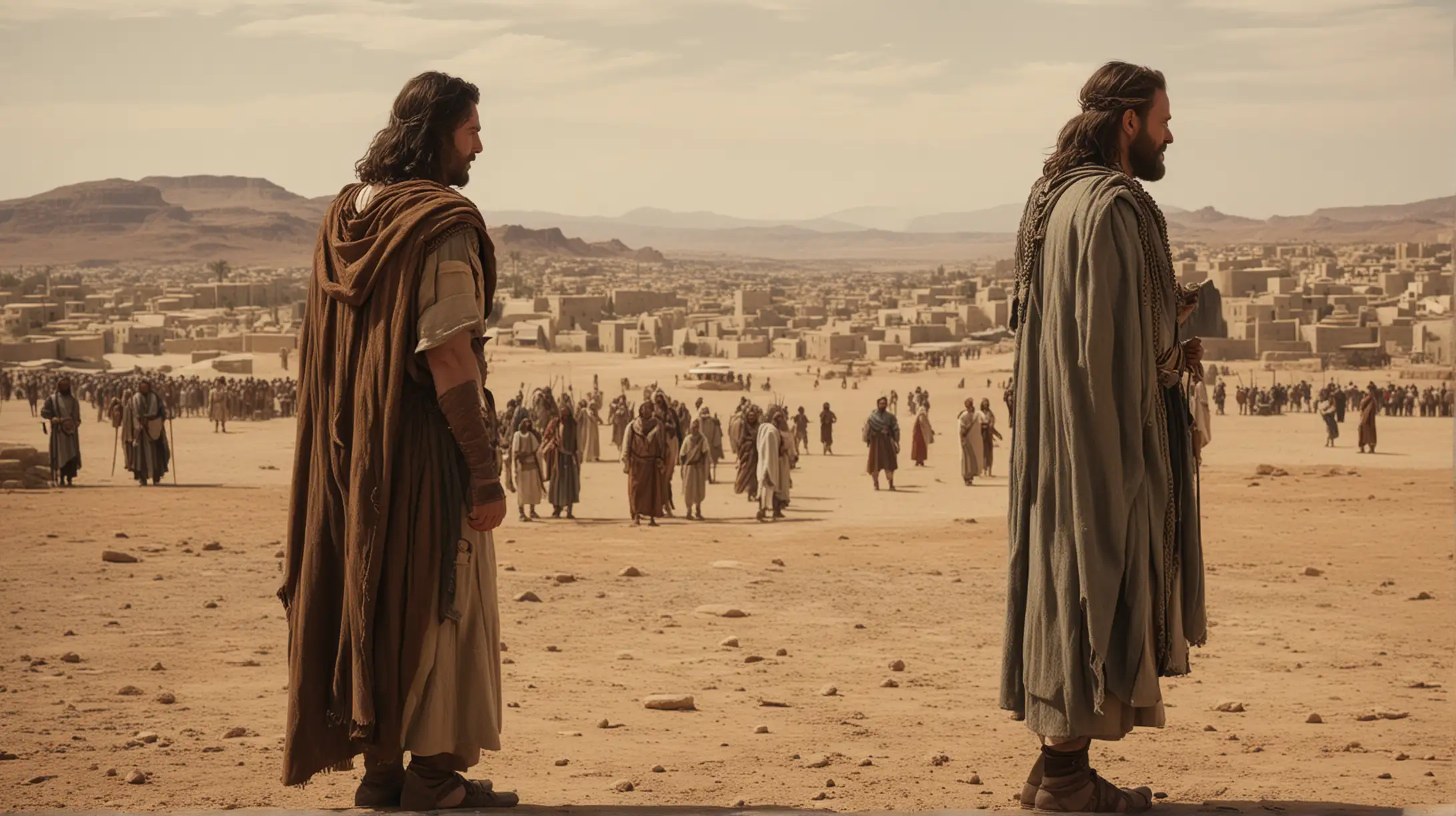 A king and a man talking in a Desert city. Some other people in the background. Set during the biblical era of Joshua.