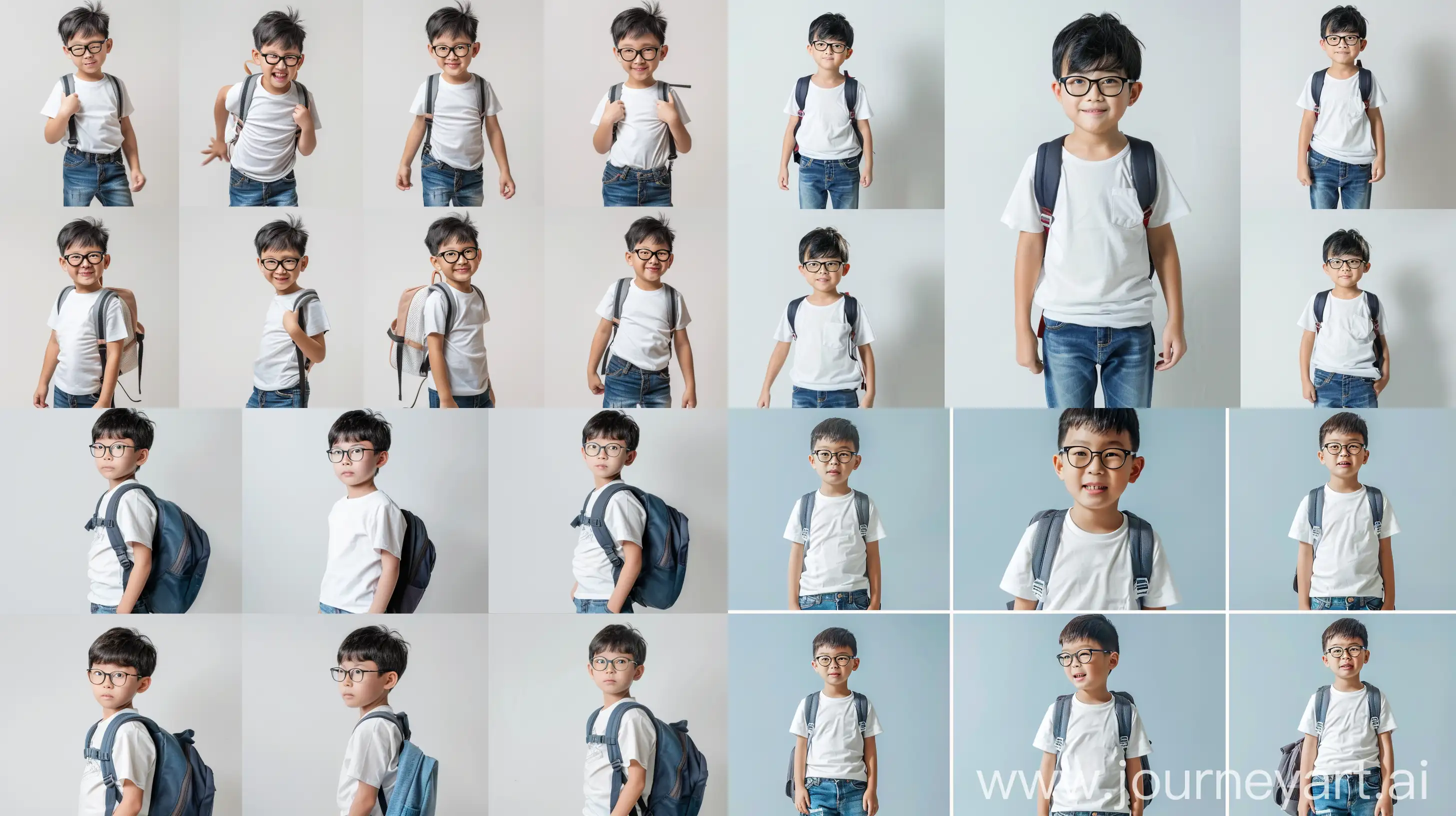 A six-panel photo collage of a Korean 10-year-old boy, smart and curious, wears glasses and carries a backpack, wearing blue jeans and a white T-shirt, standing in front of a plain solid background with studio lighting. Candid cell-phone photography, highlighting the beauty of imperfections. The boy is moving, turning, and getting slightly happier in each frame. Closeup photos. ::3 Painting, artistic, bokeh with beautiful ambience ::-1 evenly-spaced photo grid with deep color tone ::1 --style raw --ar 16:9