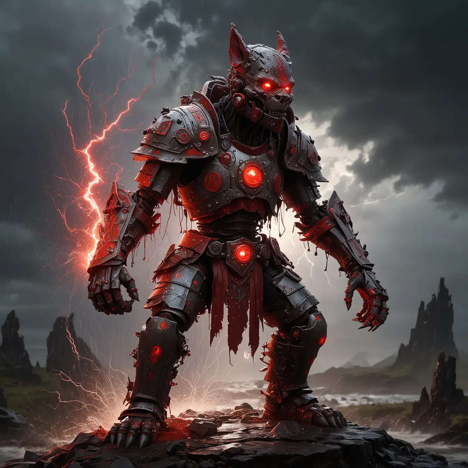 a robot werewolf-gnome cyborg, wearing ancient plate armor painted with glowing crimson red arcane glyphs and runes, powered and fueled by rivulets of blood magic, with gauntlets that crackle with lightning bolt energy.

He is silhouetted by the morning dawn on a stormy day