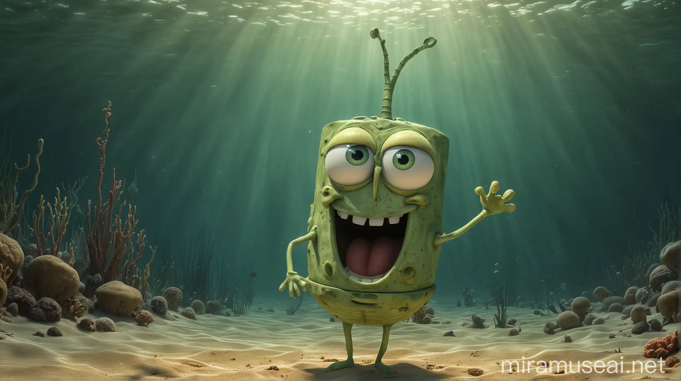 karikatur 4D plankton dari spongebob squarepant, background bikini bottom
