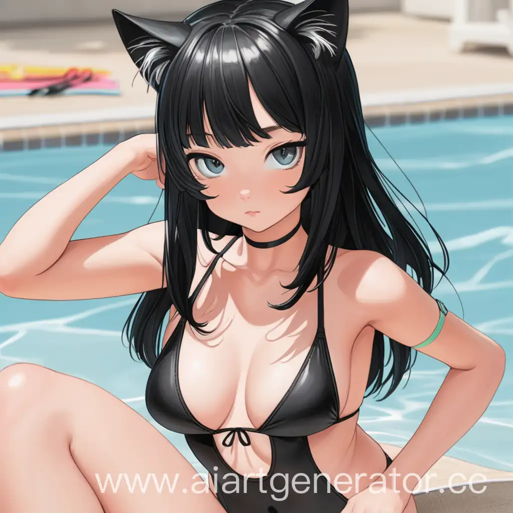  кошко-девочка с чёрными волосами в чёрном  купальнике
