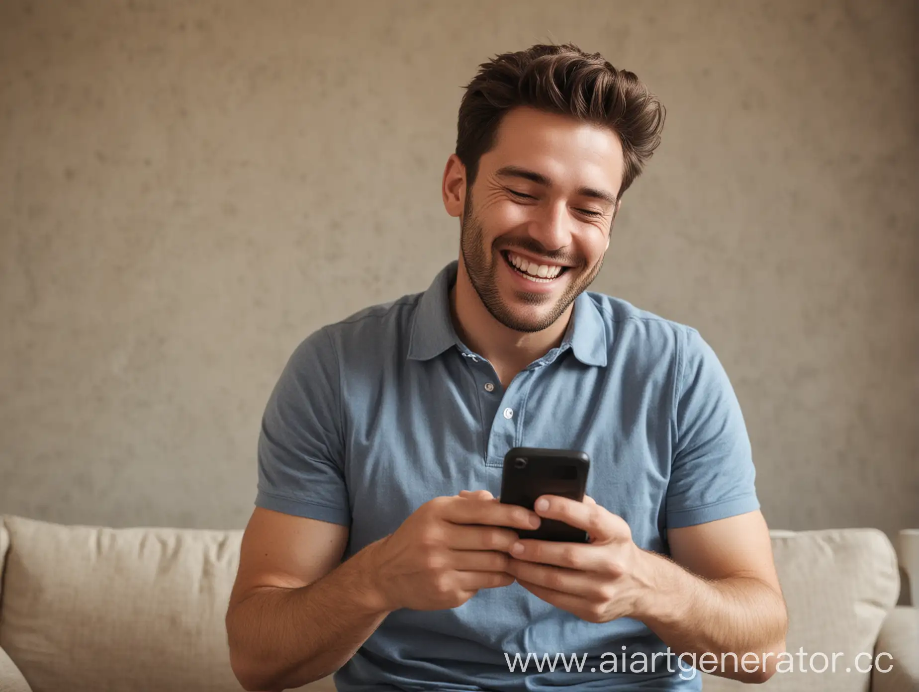 Man-Smiling-Joyfully-While-Checking-Smartphone