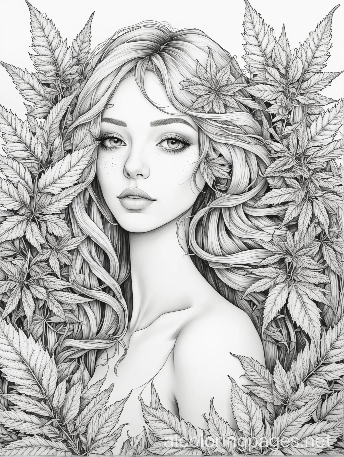 A female surroundee by beautiful flowrrs and cannabis leaves coloring page, Coloring Page, black and white, line art, white background, Simplicity, Ample White Space. The background of the coloring page is plain white to make it easy for young children to color within the lines. The outlines of all the subjects are easy to distinguish, making it simple for kids to color without too much difficulty
