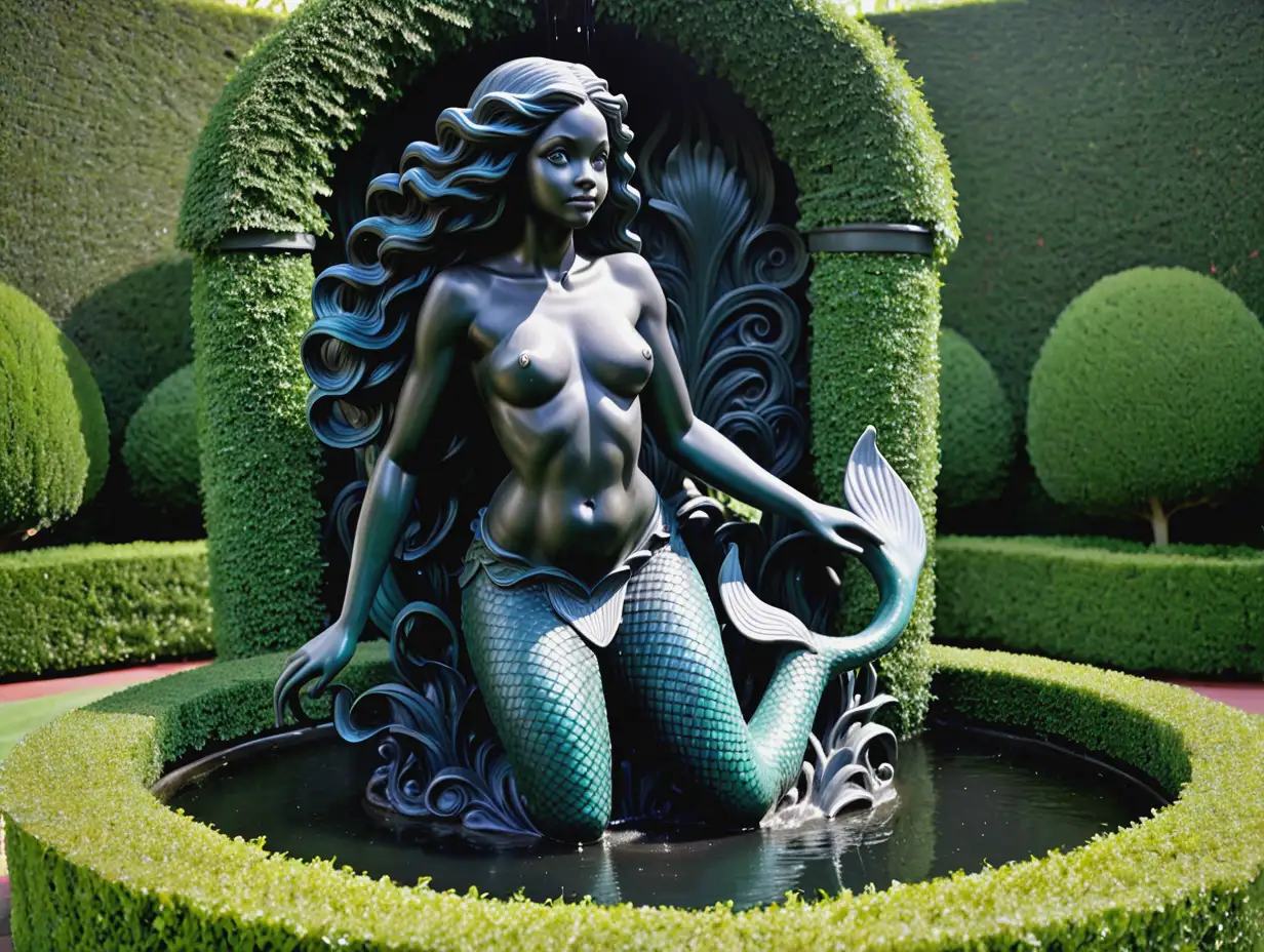 statue of a black mermaid as a fountain in a hedge maze
