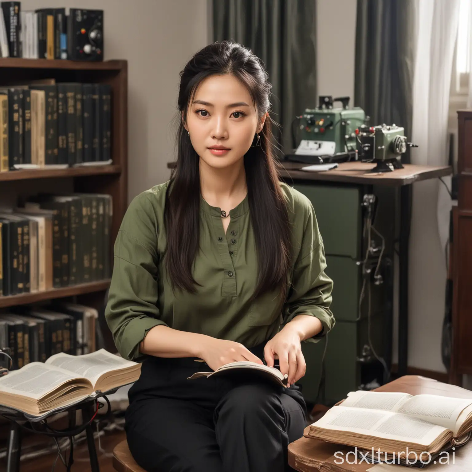 A beautiful Chinese female professor, who looks like the female celebrity Liu Tao, is wearing a plain army green top and plain black pants, with her long hair braided, sitting in a room reading a book, with a pile of electrical experimental equipment in the background.