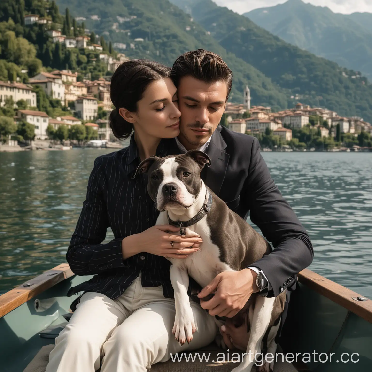 Loving-Couple-Embracing-with-Pit-Bull-in-Boat-on-Lake-Como