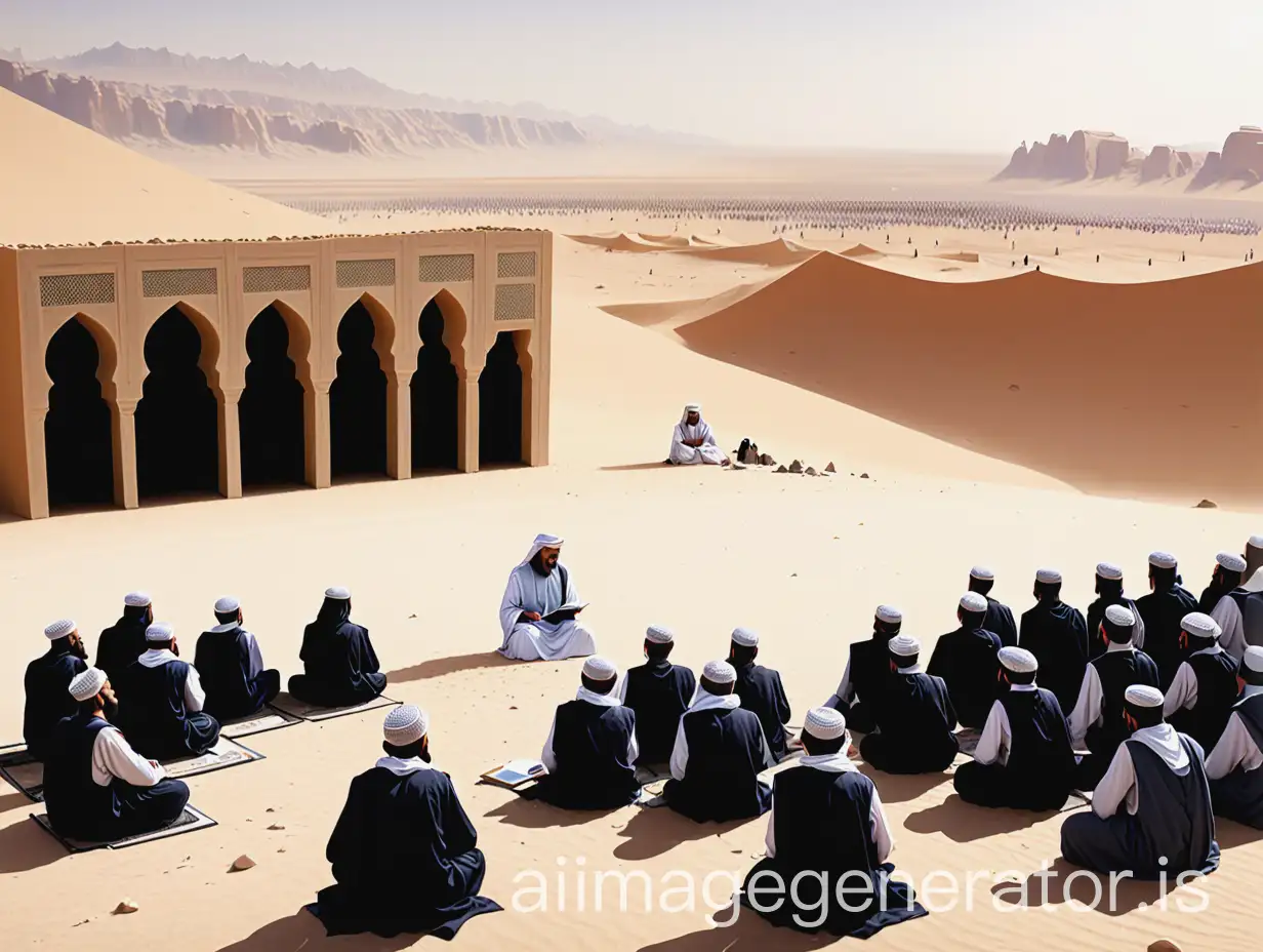 Islamic arab scholars from 800 BC were taking class in the middle of the desert in front of huge students . students were sitting in the ground. and the scholar is standing giving lecture