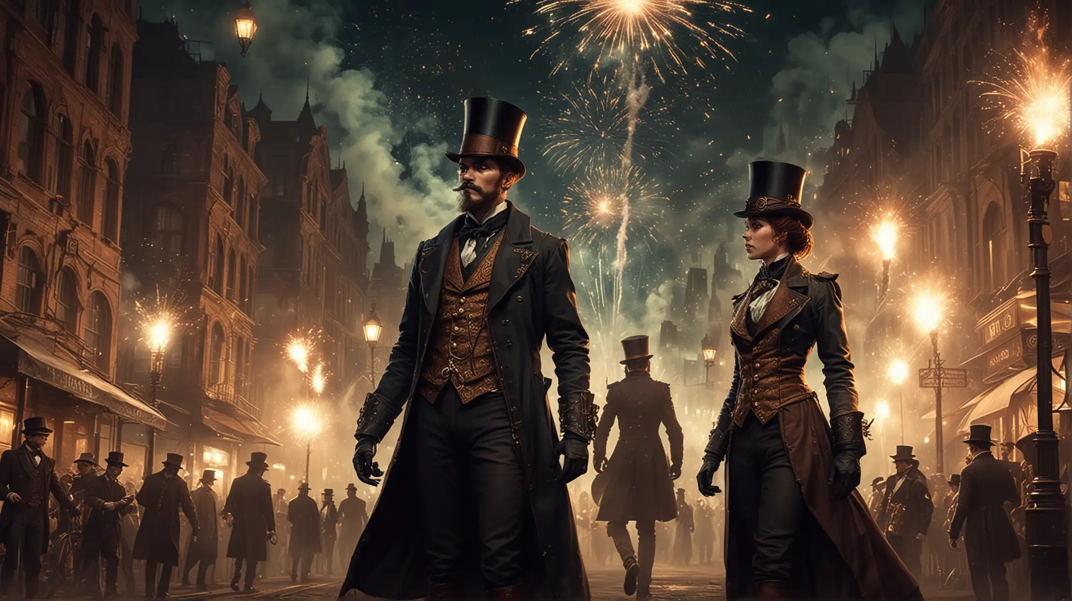 night fireworks show in a steampunk city, all citizens in victorian suits, compeltely dark, steamp, smoke, copper, brass, gold, glass