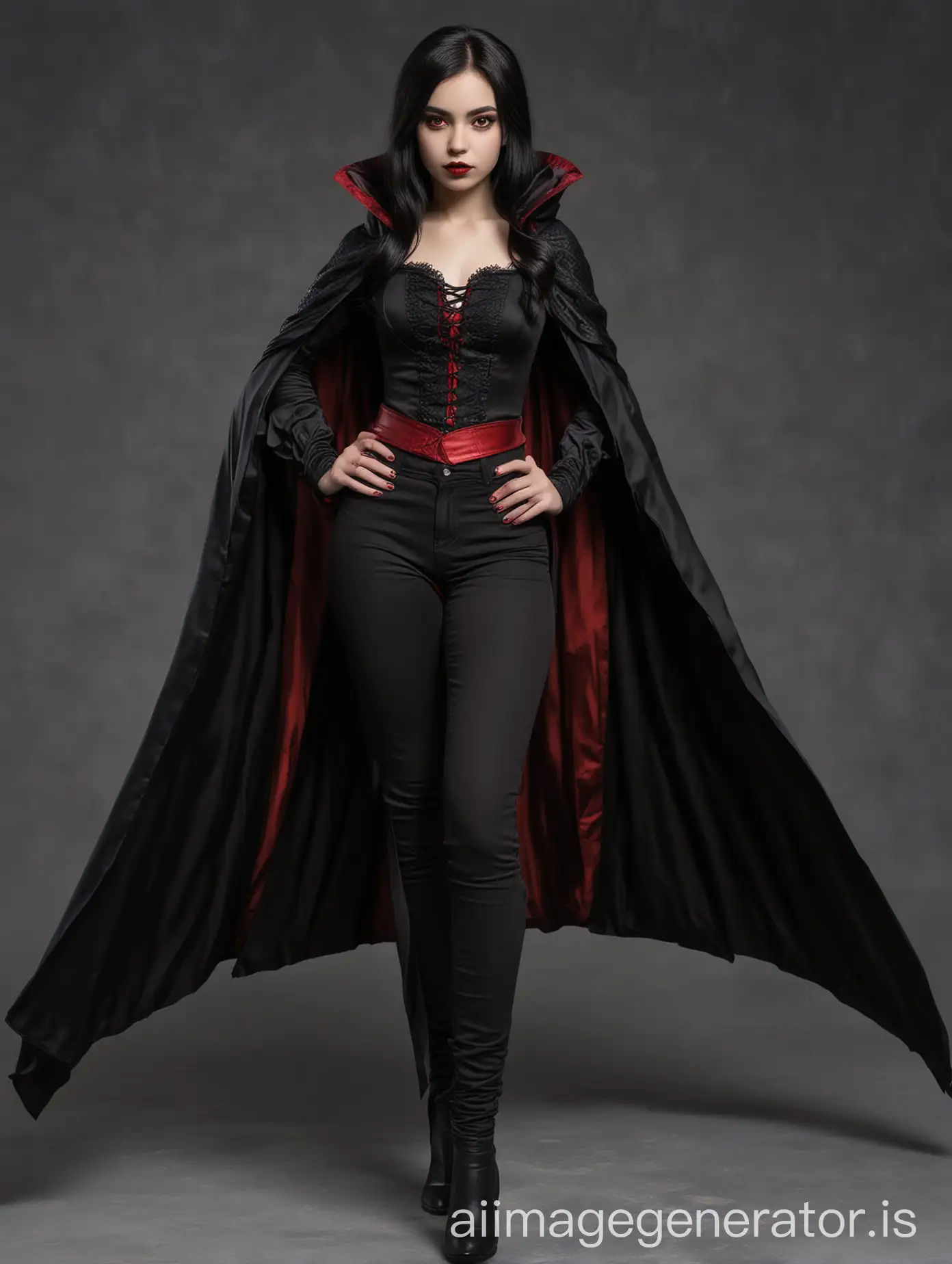 15 year old black haired vampire princess with red eyes wearing a black top, long cape that's red on the inside and black on the outside and black pants