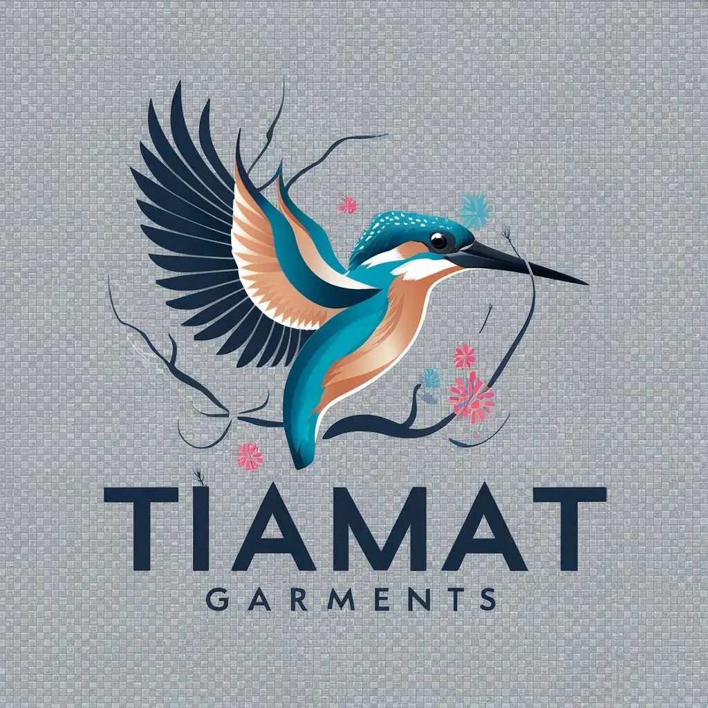 a logo design,with the text "Tiamat Garments", main symbol:bird illustration: A detailed, stylized illustration of a kingfisher bird in mid-flight. the birds wings are spread wide, showcasing intricate feather details. nSubtle nature elements: Incorporate subtle nature elements like abstract branches, colorful flowers around the bird to create a harmonious and balance design.nTransparent background.,complex,clear background