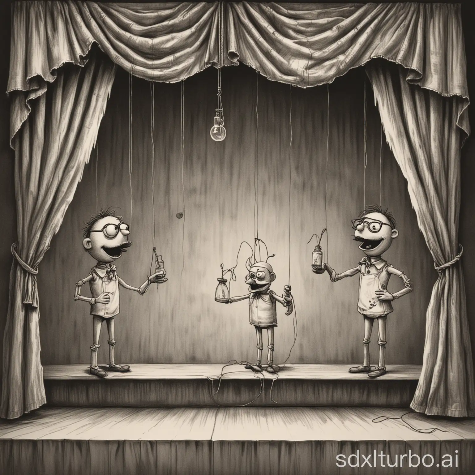 The entire drawing is a black and white sketch in the form of an animated drawing. A curtain from a puppet theater with two men on the left and right of the curtain. There are two puppets on the stage - one puppet represents the nitrogen atom, the other puppet represents the oxygen atom. Between the pupets there is an electron, which is also on strings and can be moved between puppets with a string. One man holds a computer in one hand and a link to control the puppet in the other. The second man holds a chemical flask in one hand and the ropes that control the puppets on stage in the other.