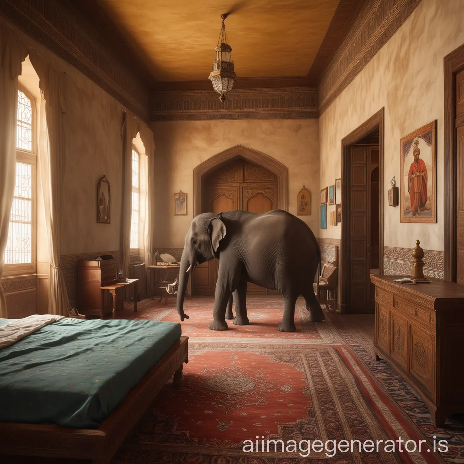 a first person game inside a bedroom in a sultan's palace with an elephant.
