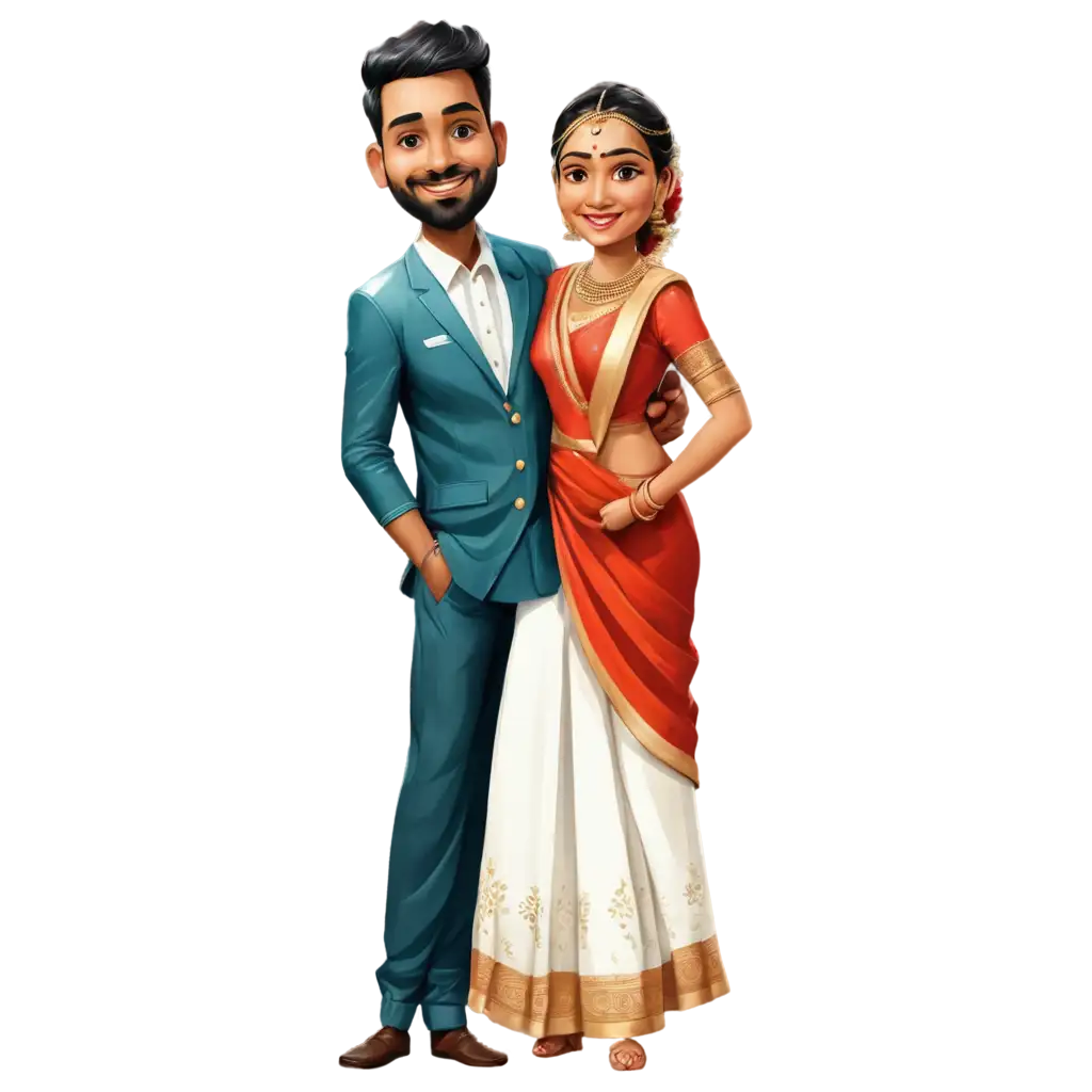 south indian wedding caricature in redish outfit of bride in saree and groom in white lungi 